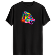 Siyah tişört üzerinde renkli vahşi kurt baskısı