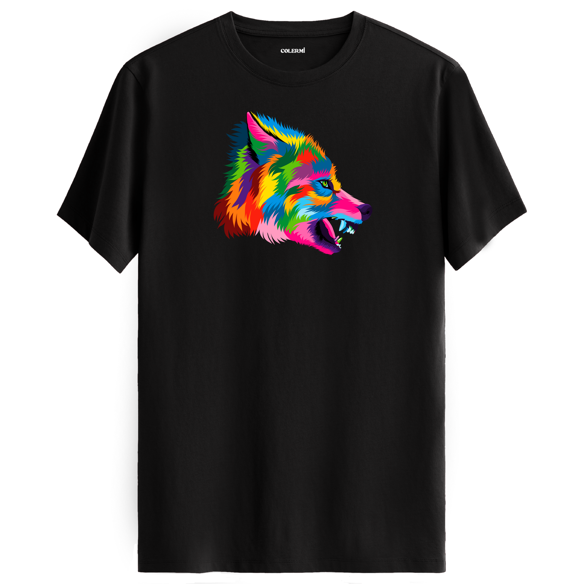 Siyah tişört üzerinde renkli vahşi kurt baskısı