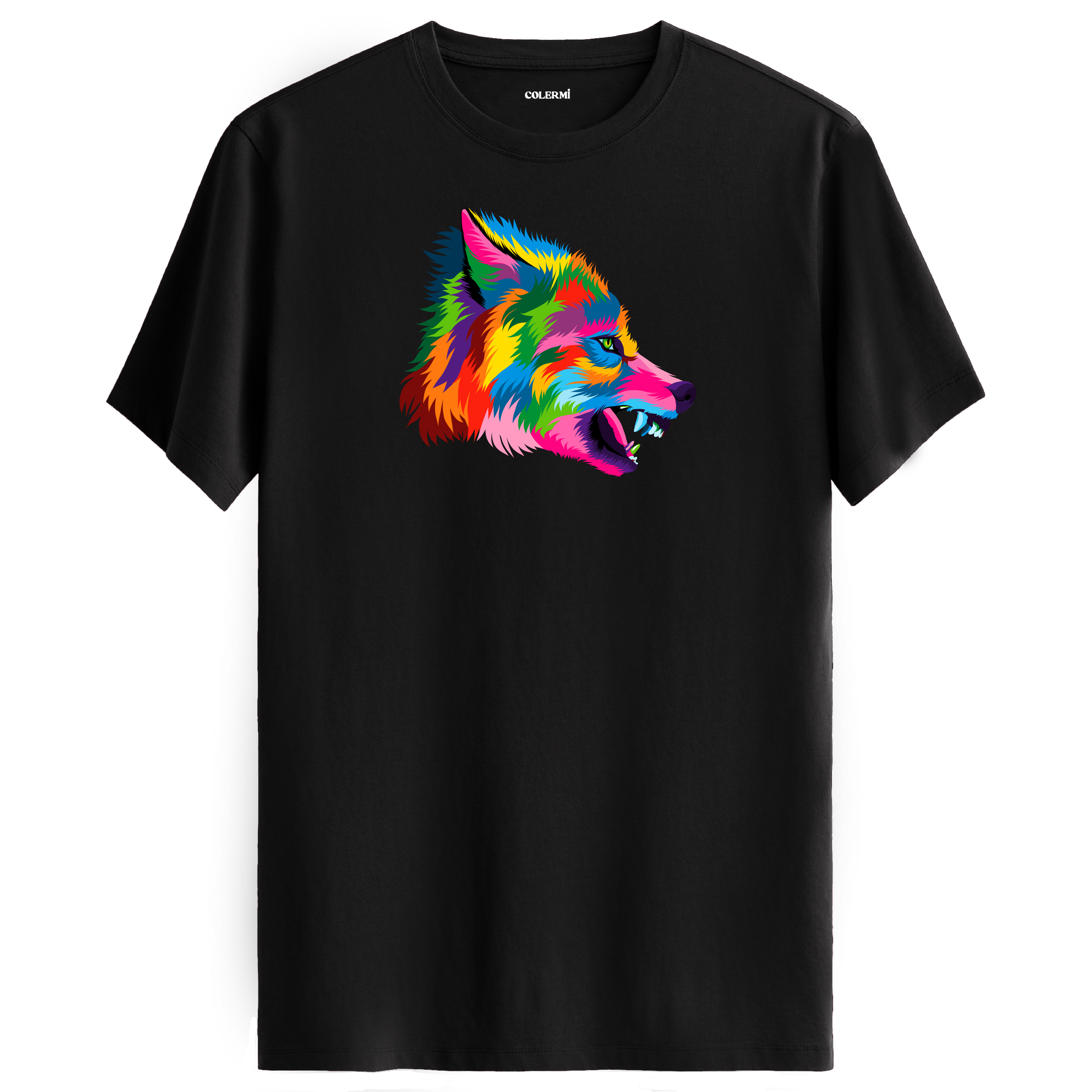 Siyah tişört üzerinde renkli vahşi kurt baskısı