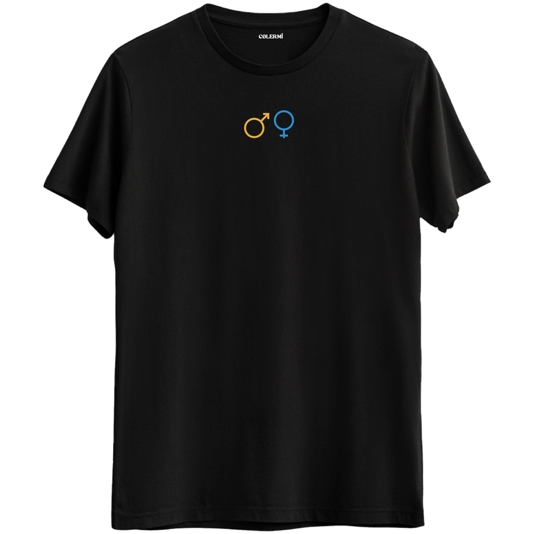 Erkek ve kadın sembolleriyle birlikteliği simgeleyen siyah Bisiklet Yaka T-Shirt.
