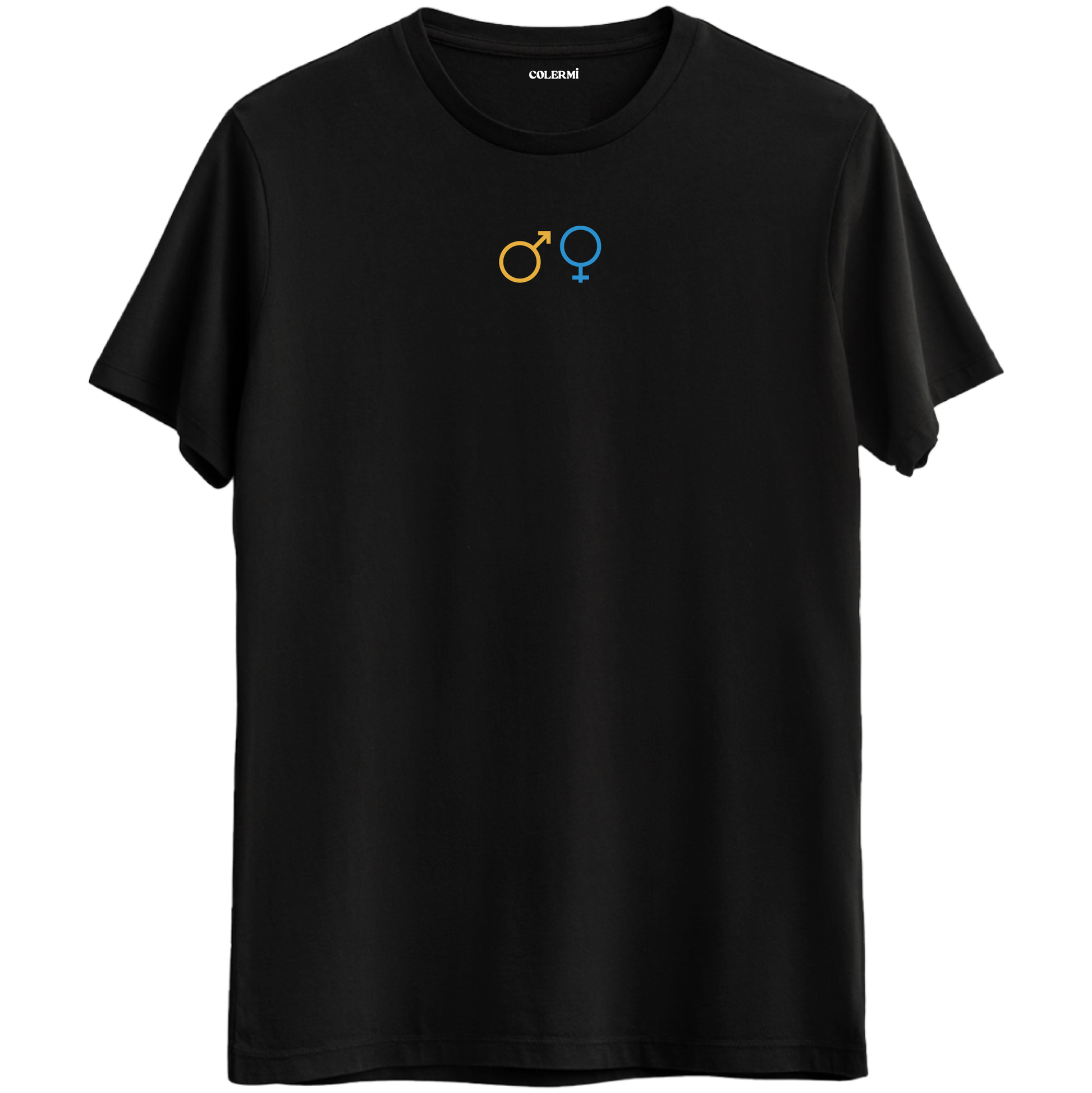 Erkek ve kadın sembolleriyle birlikteliği simgeleyen siyah Bisiklet Yaka T-Shirt.