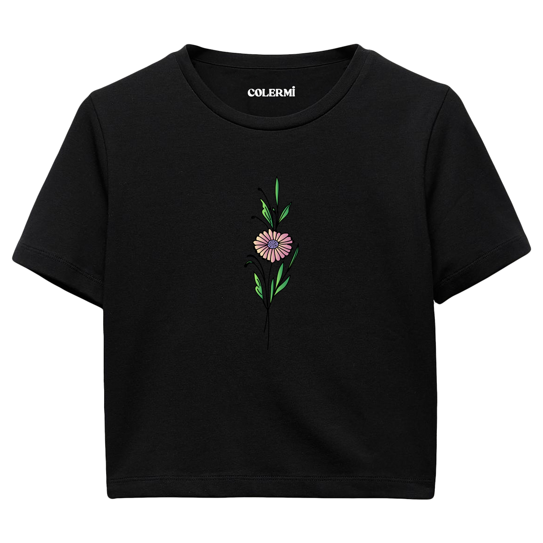 Crop T-Shirt - Minimal Çiçek İllüstrasyonu
