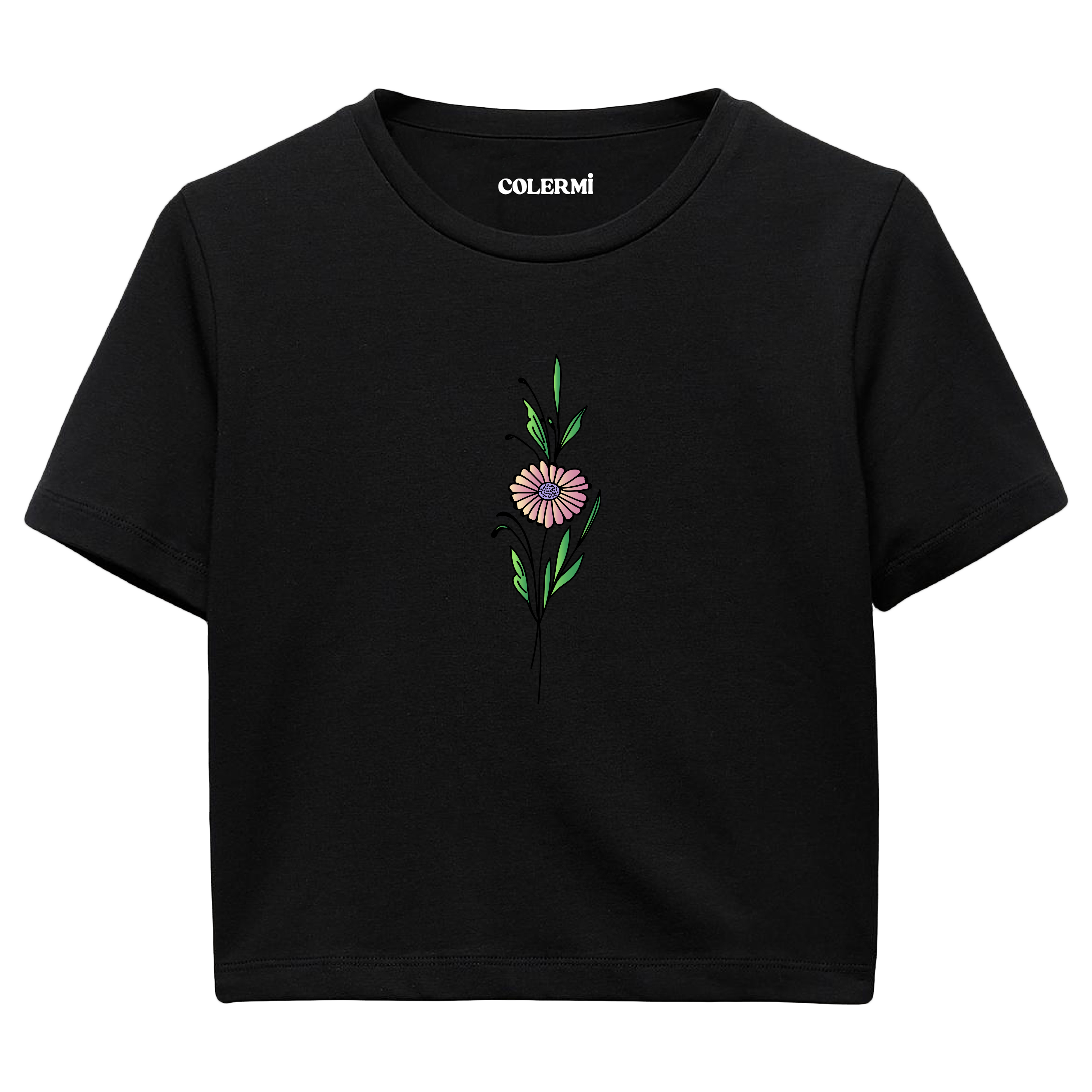 Crop T-Shirt - Minimal Çiçek İllüstrasyonu
