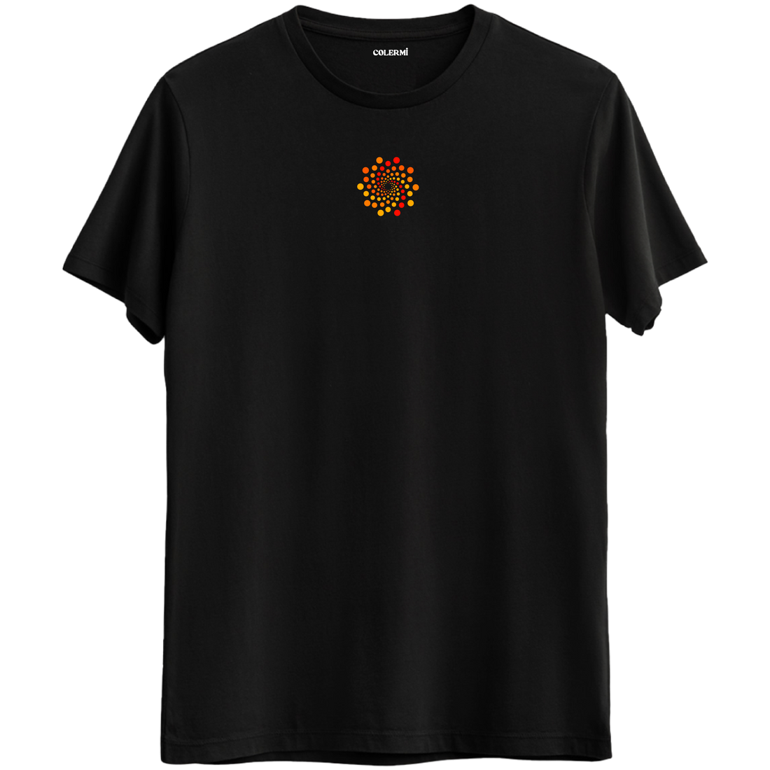 Odak ve dengeyi simgeleyen nokta dizilimiyle siyah Bisiklet Yaka T-Shirt.
