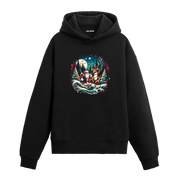 Siyah Noel Baba ve geyik baskılı hoodie, %100 premium pamuk, unisex, yılbaşı tasarım