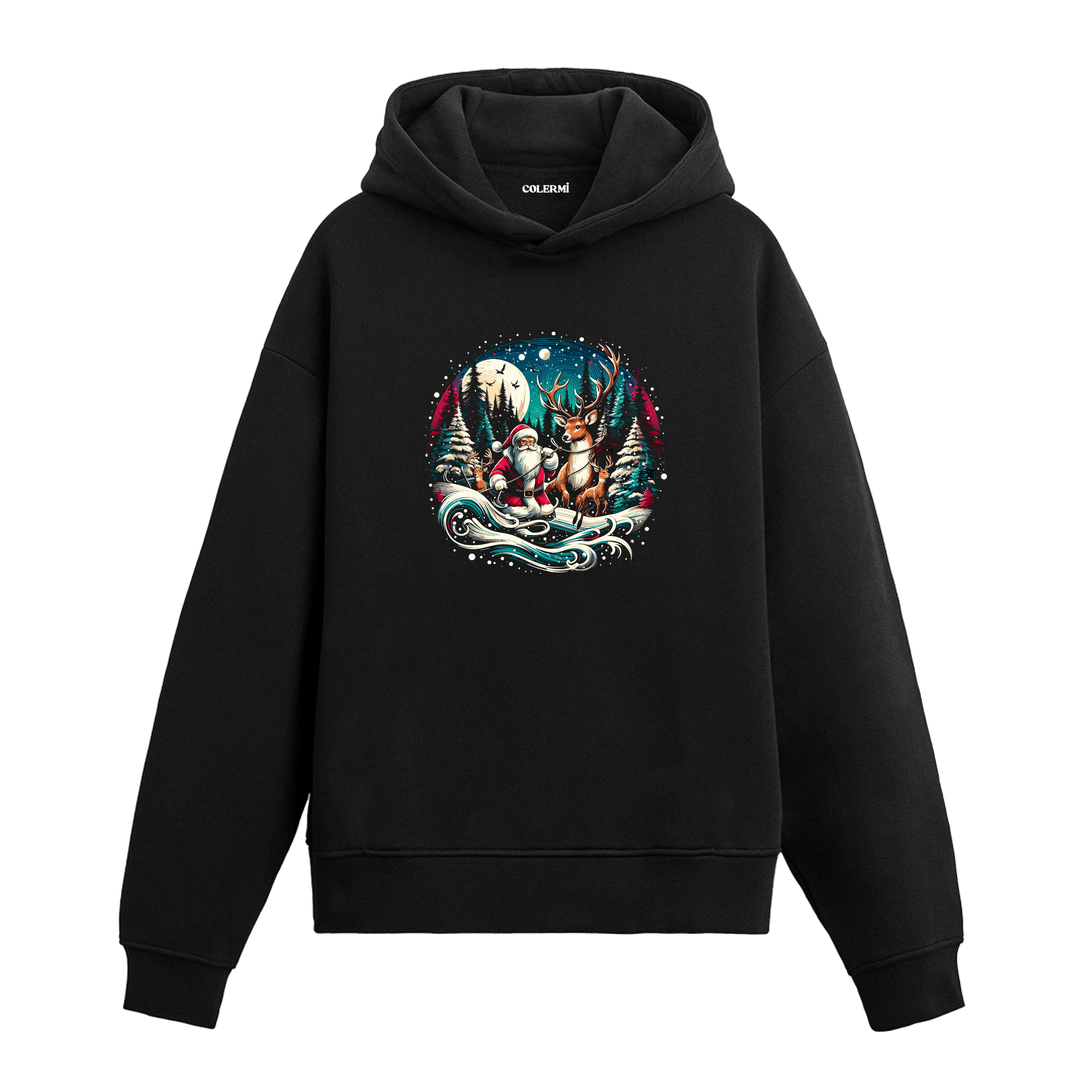 Siyah Noel Baba ve geyik baskılı hoodie, %100 premium pamuk, unisex, yılbaşı tasarım