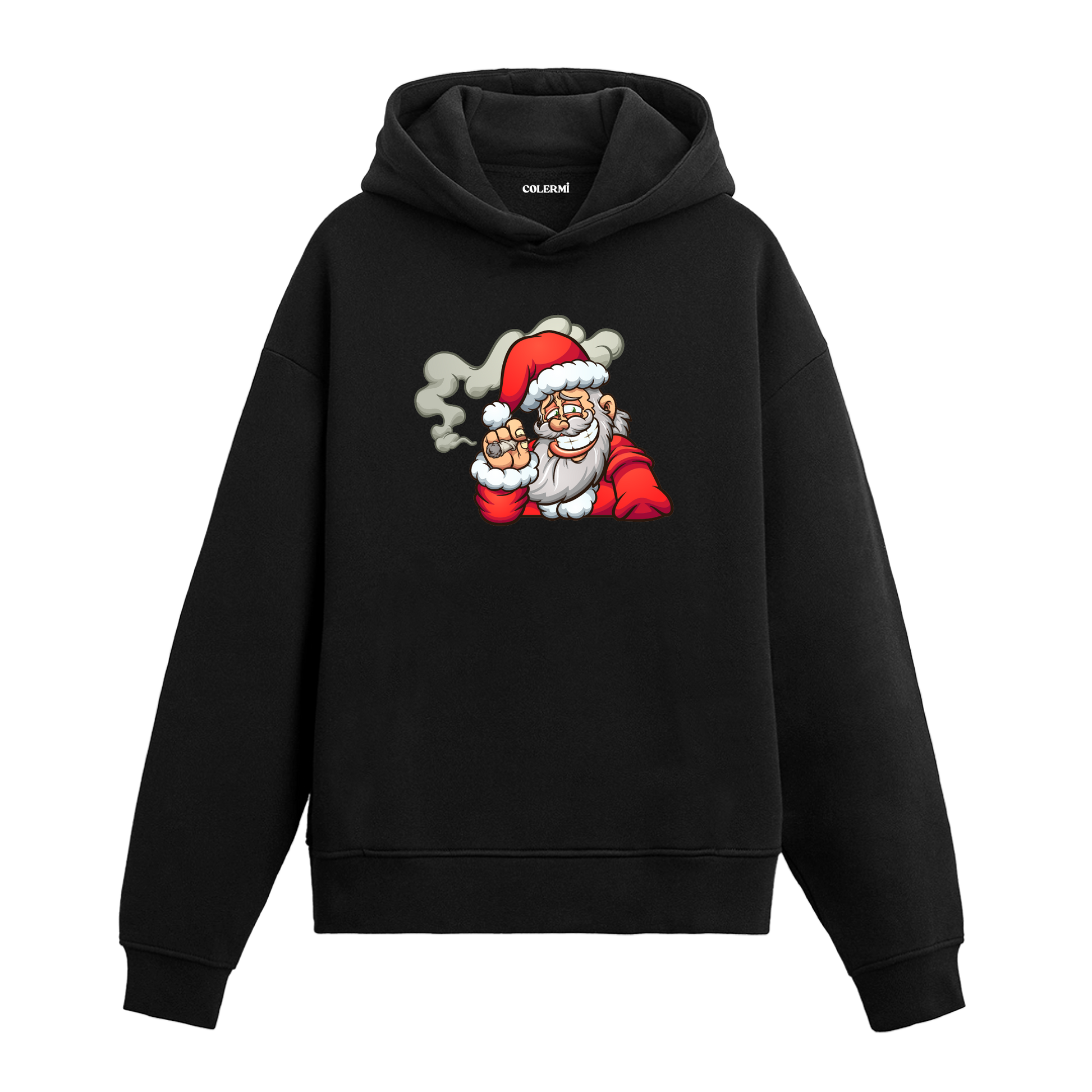 Siyah Noel Baba baskılı hoodie, %100 premium pamuk, unisex, yılbaşı tasarım