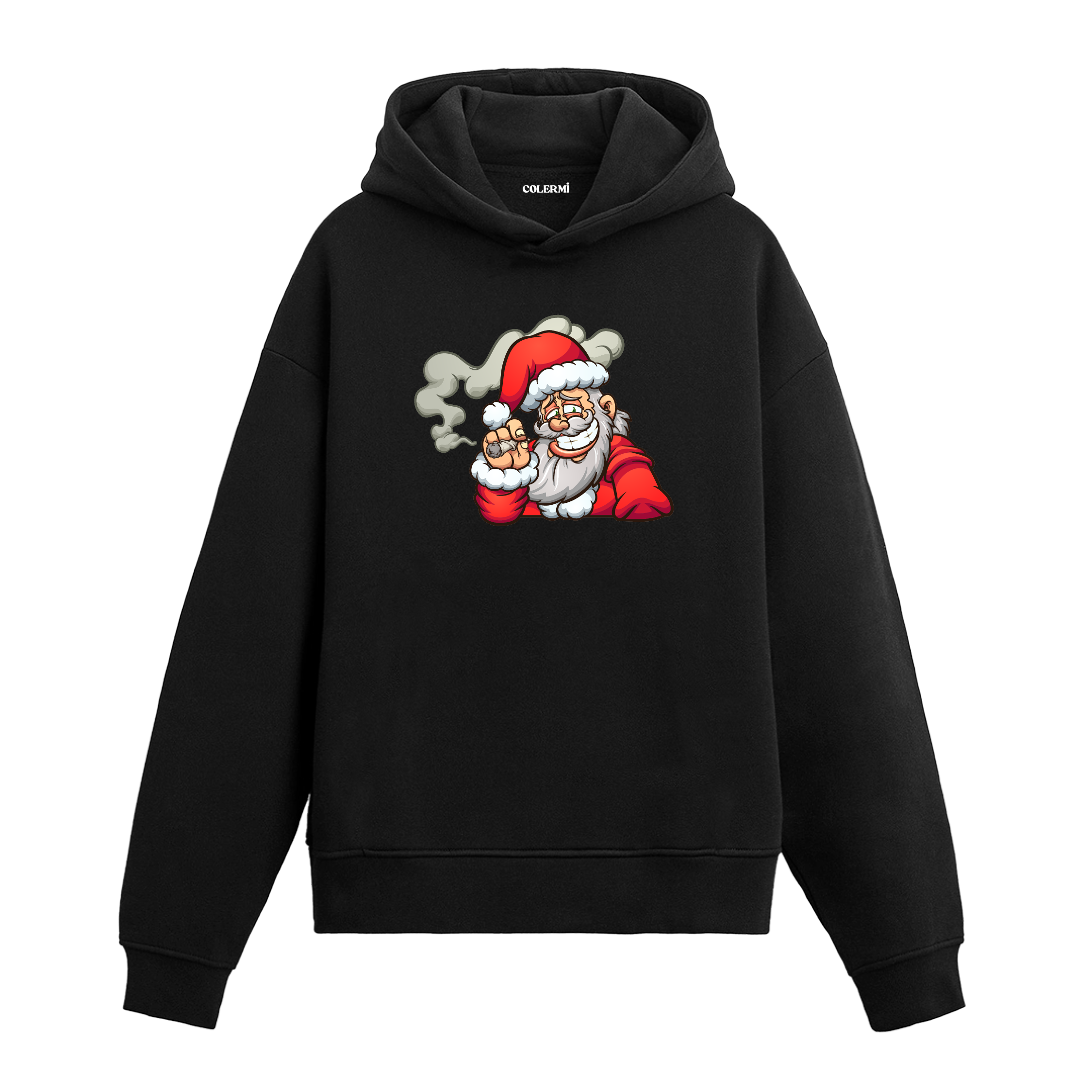Siyah Noel Baba baskılı hoodie, %100 premium pamuk, unisex, yılbaşı tasarım