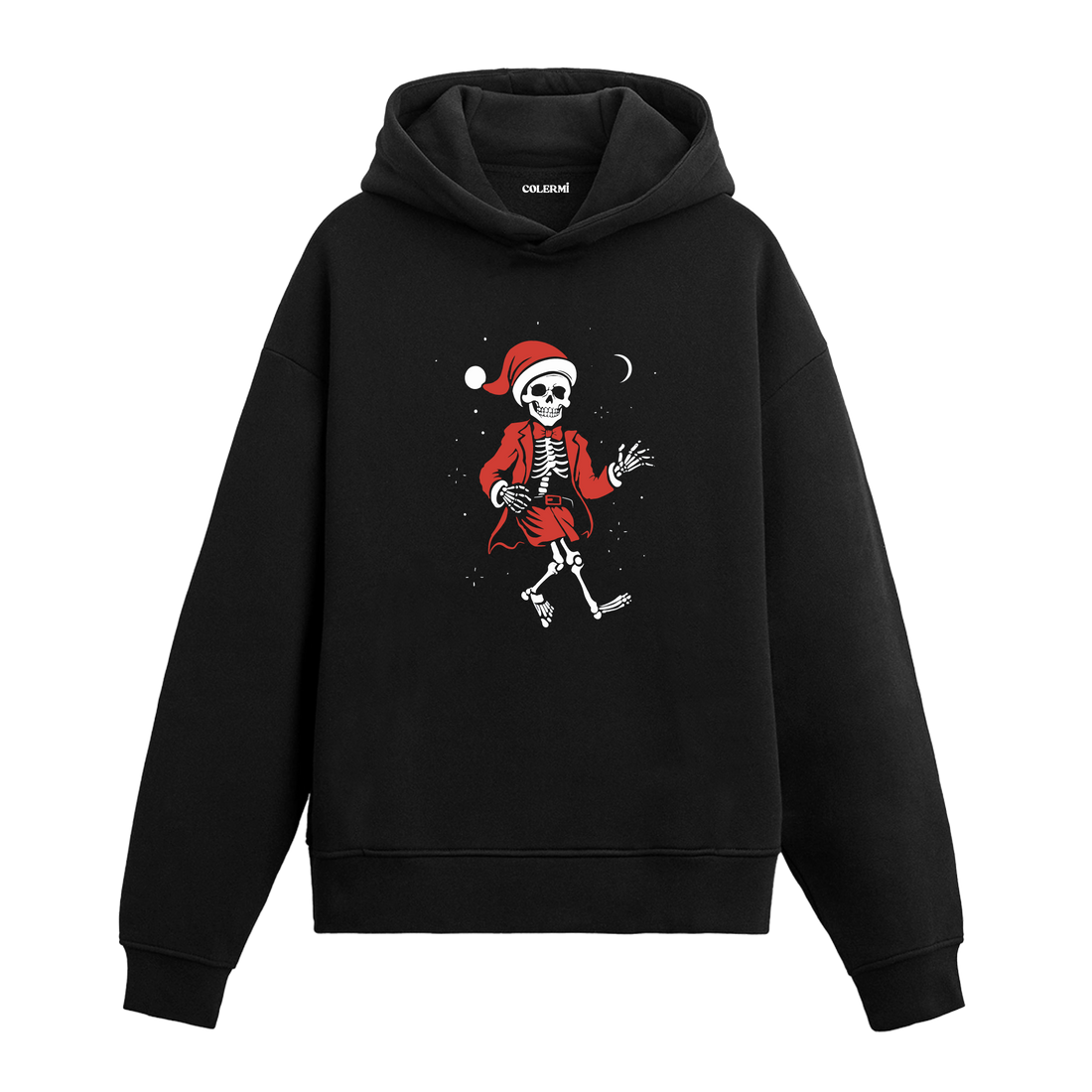 Siyah Noel Baba iskelet baskılı hoodie, dans eden figür, %100 premium pamuk, unisex hoodie