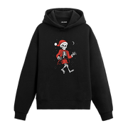 Siyah Noel Baba iskelet baskılı hoodie, dans eden figür, %100 premium pamuk, unisex hoodie