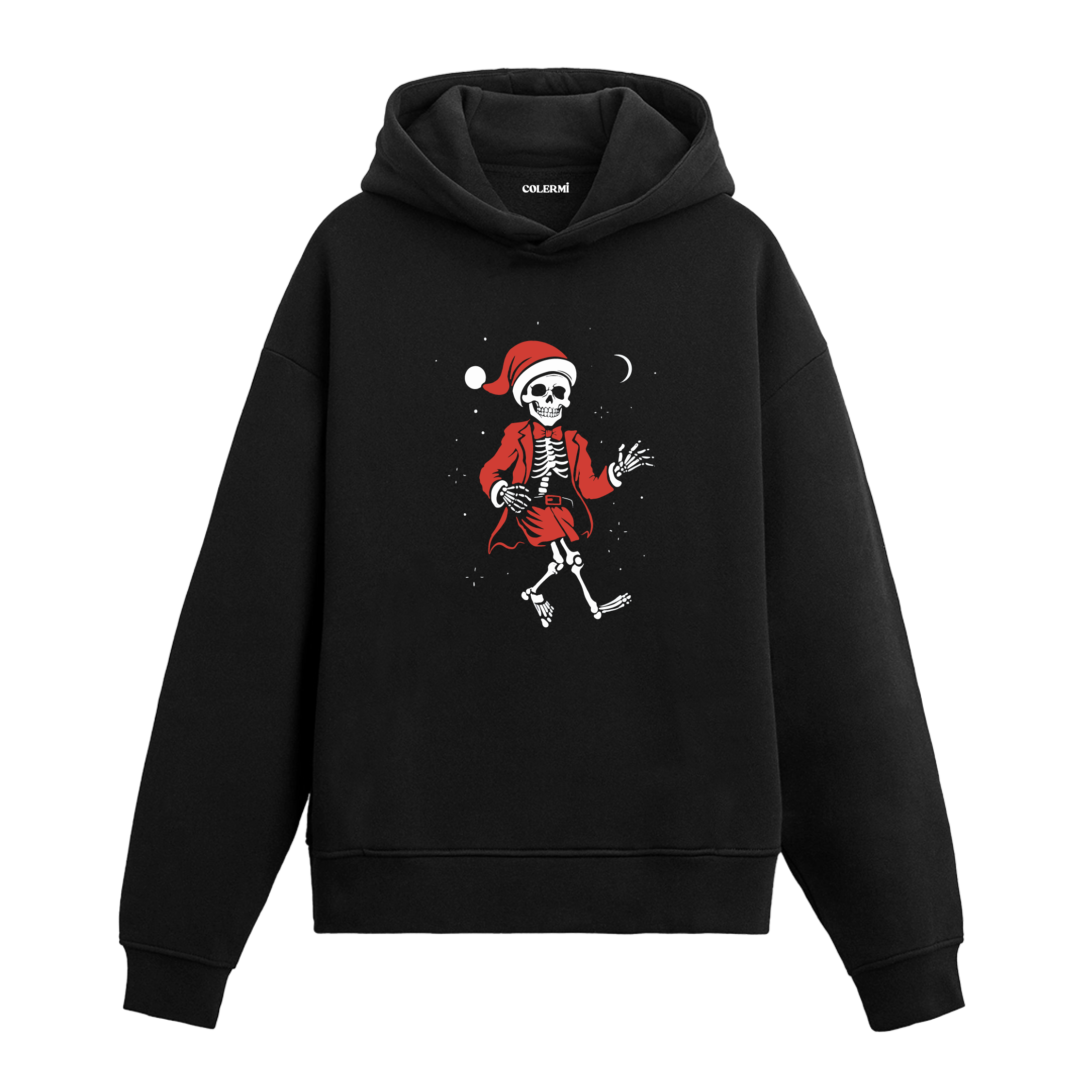 Siyah Noel Baba iskelet baskılı hoodie, dans eden figür, %100 premium pamuk, unisex hoodie