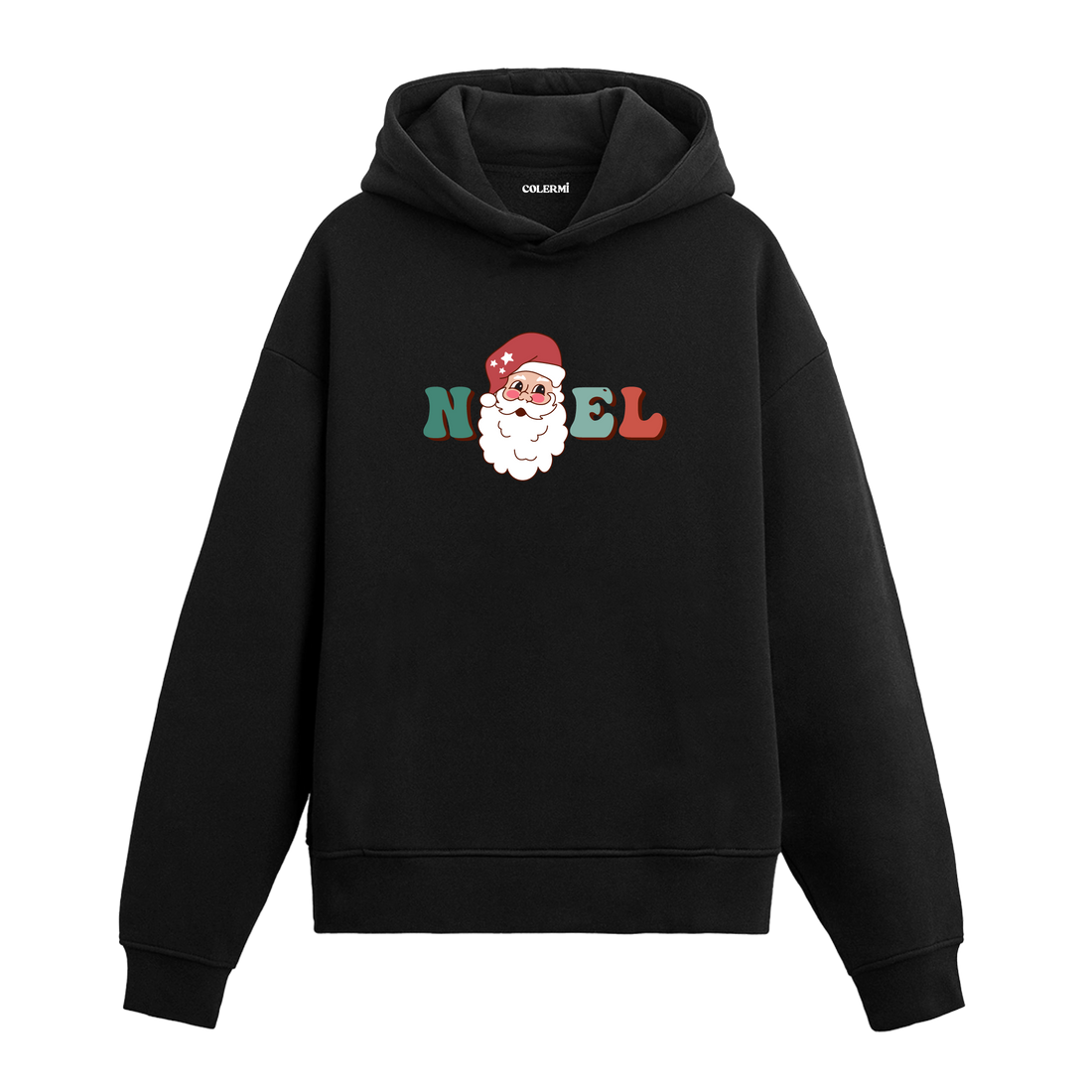 Siyah Noel Baba yüzü baskılı hoodie, yılbaşı tasarım, %100 pamuk, unisex hoodie