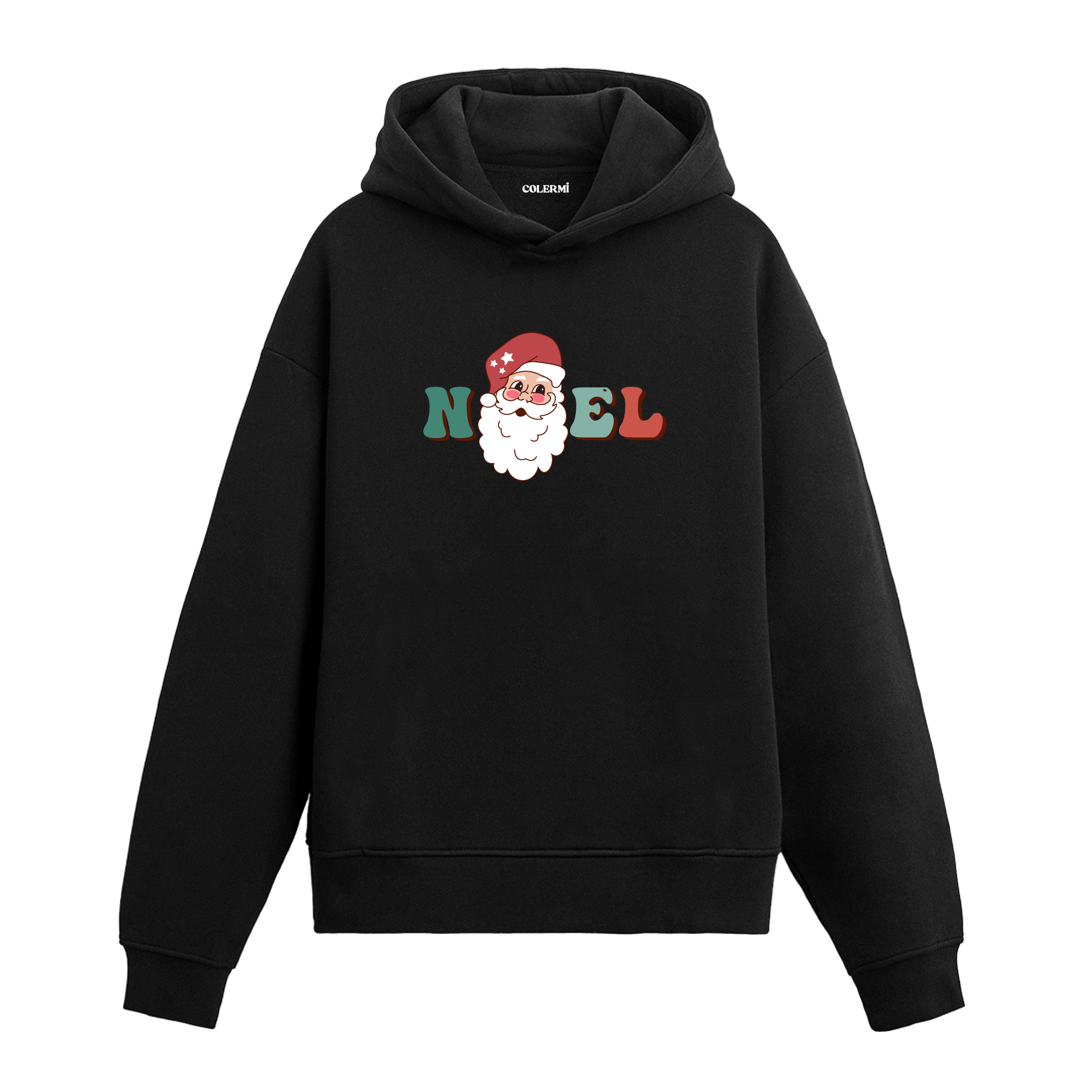 Siyah Noel Baba yüzü baskılı hoodie, yılbaşı tasarım, %100 pamuk, unisex hoodie