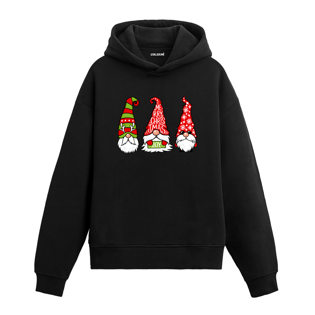 Siyah Noel cüceleri baskılı hoodie, %100 pamuk, unisex, yılbaşı hoodie modeli