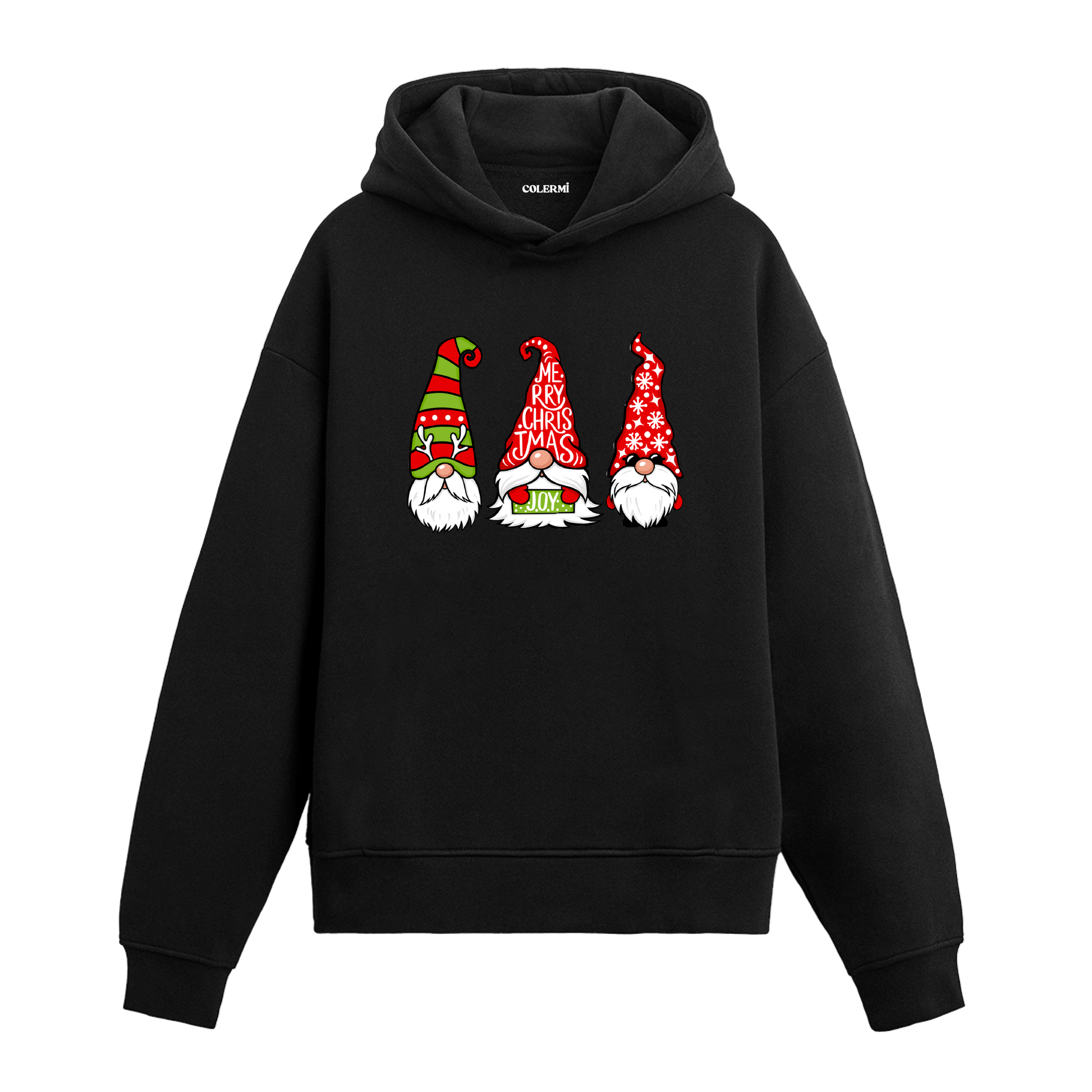 Siyah Noel cüceleri baskılı hoodie, %100 pamuk, unisex, yılbaşı hoodie modeli