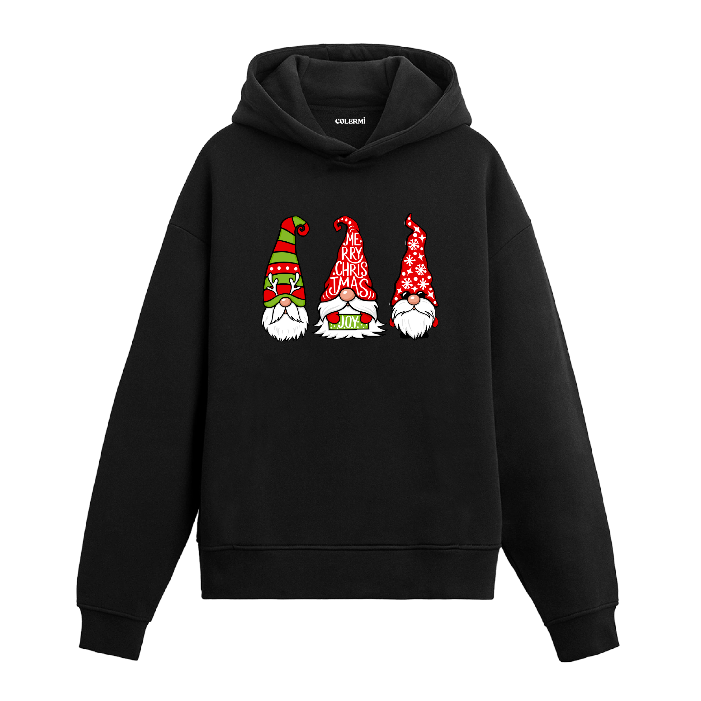 Siyah Noel cüceleri baskılı hoodie, %100 pamuk, unisex, yılbaşı hoodie modeli