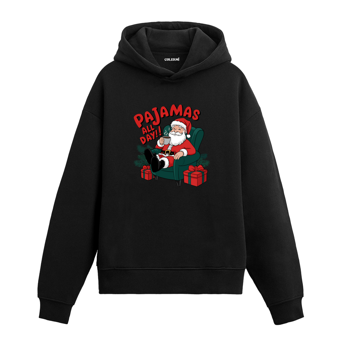 Siyah pijamalı Noel Baba baskılı hoodie, yazılı tasarım, %100 premium pamuk, unisex hoodie