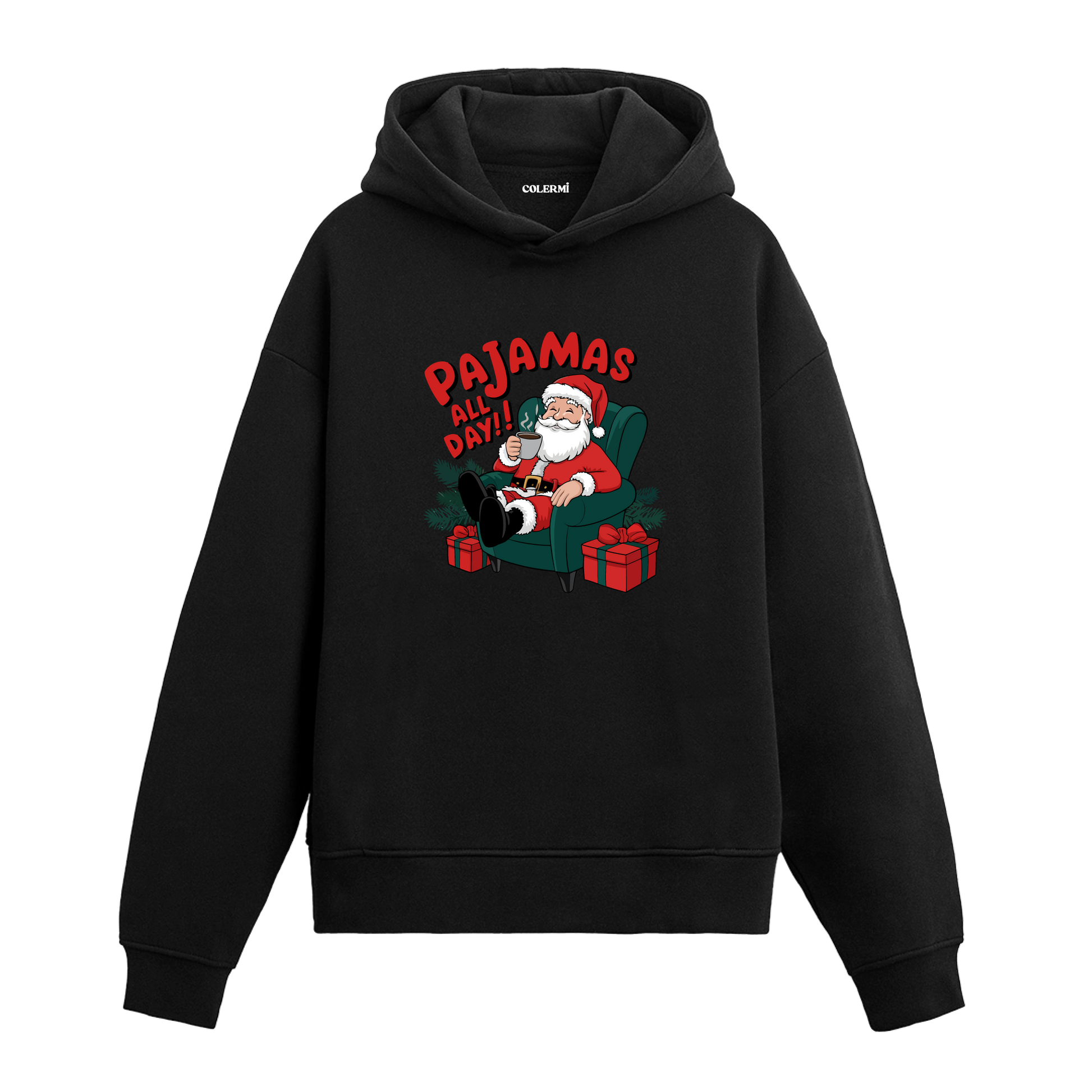 Siyah pijamalı Noel Baba baskılı hoodie, yazılı tasarım, %100 premium pamuk, unisex hoodie