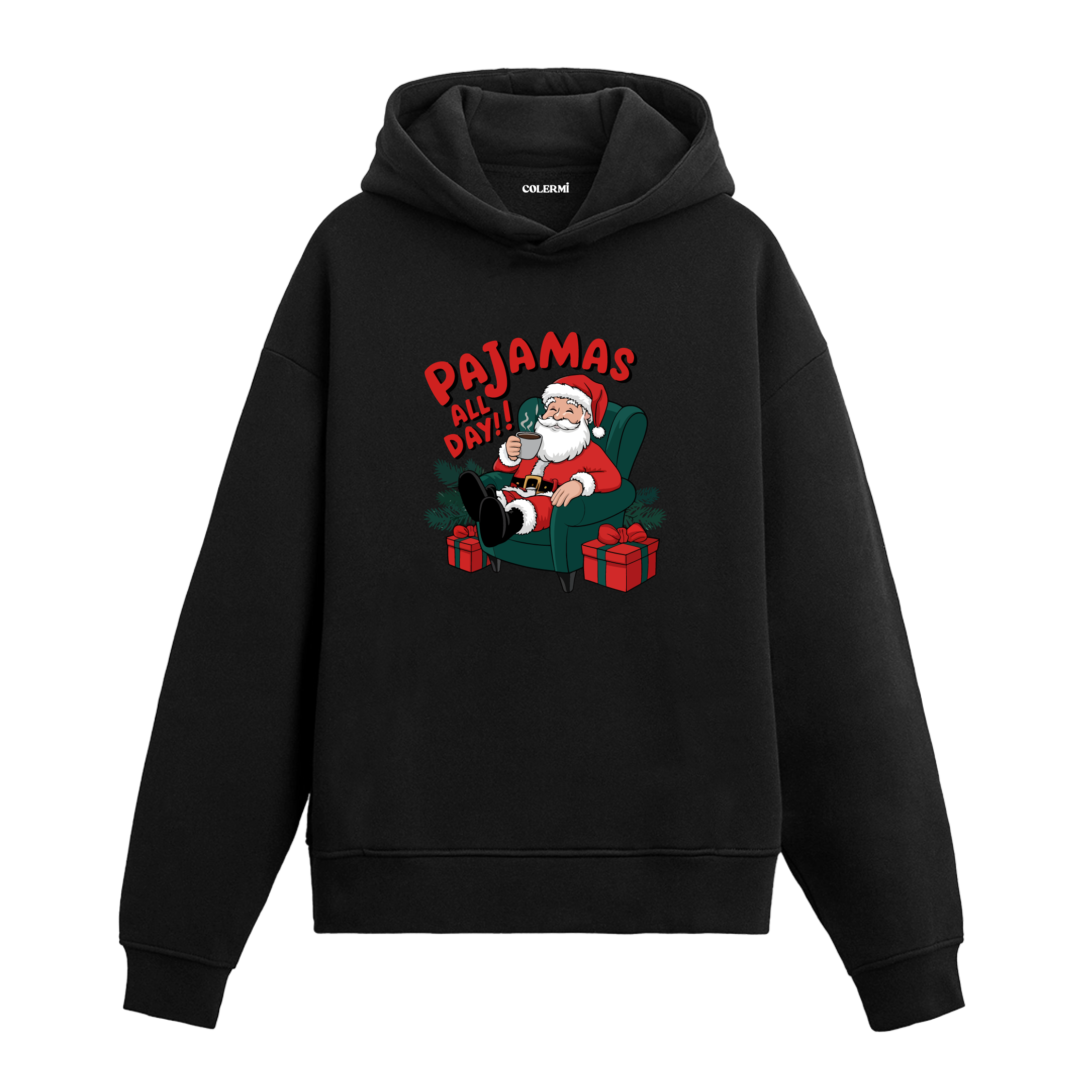 Siyah pijamalı Noel Baba baskılı hoodie, yazılı tasarım, %100 premium pamuk, unisex hoodie