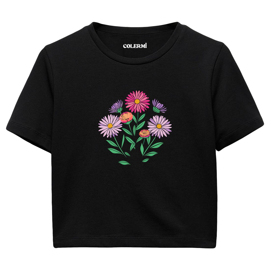 Colermi Kadın Crop Top T-Shirt - Renkli Çiçekler
