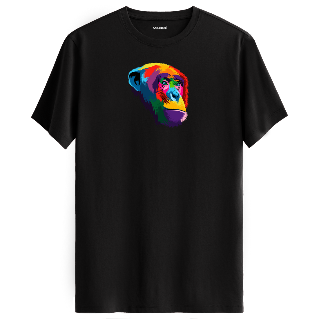 Siyah tişört üzerinde renkli şempanze baskısı