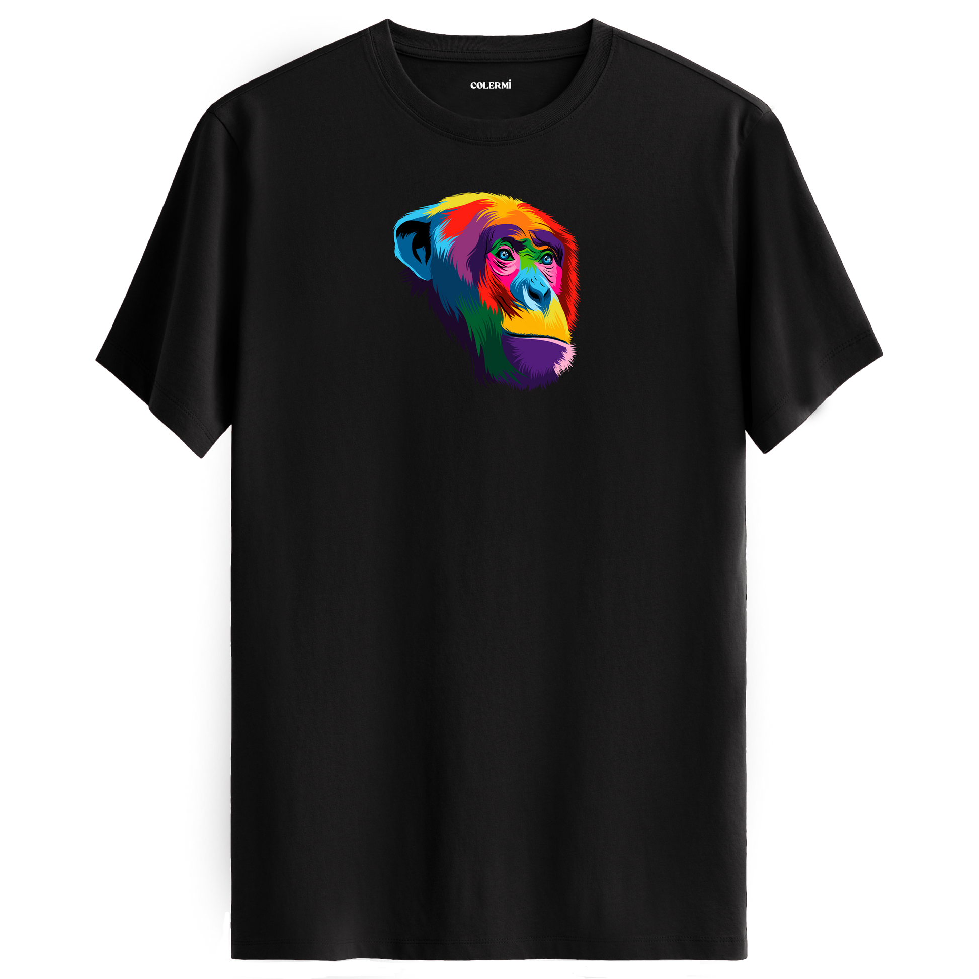 Siyah tişört üzerinde renkli şempanze baskısı