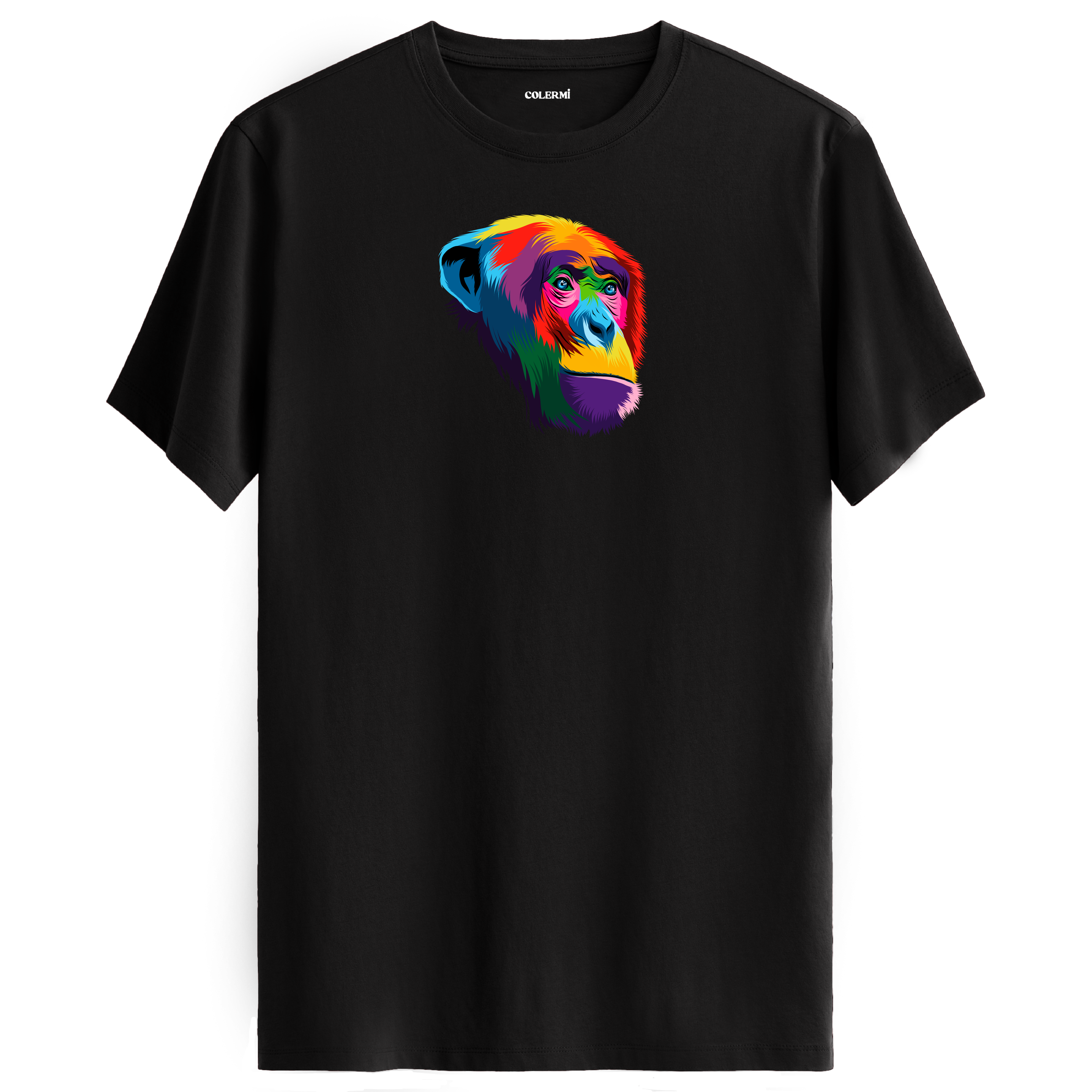 Siyah tişört üzerinde renkli şempanze baskısı