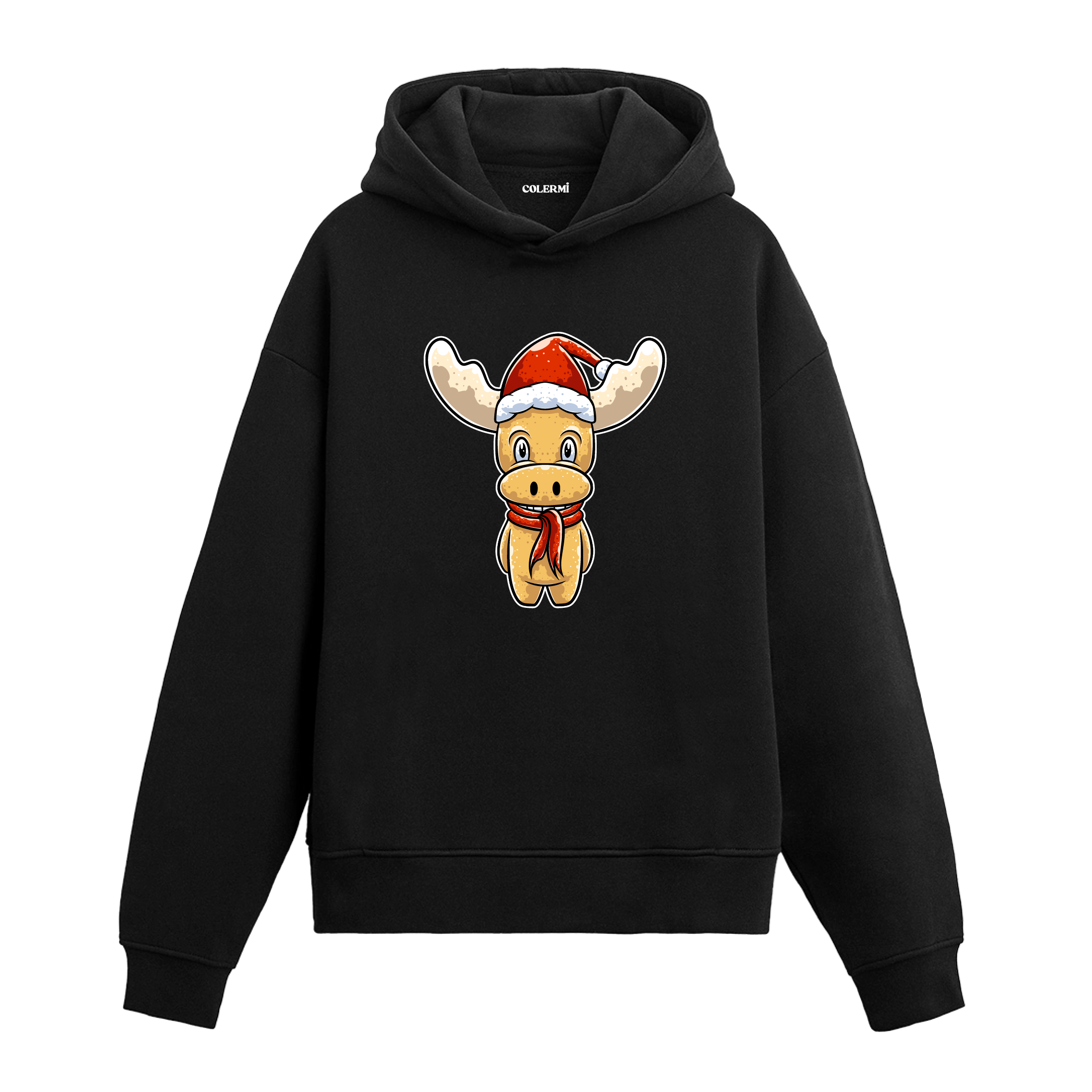 Siyah sevimli Noel geyiği baskılı hoodie, yılbaşı tasarım, %100 premium pamuk, unisex hoodie