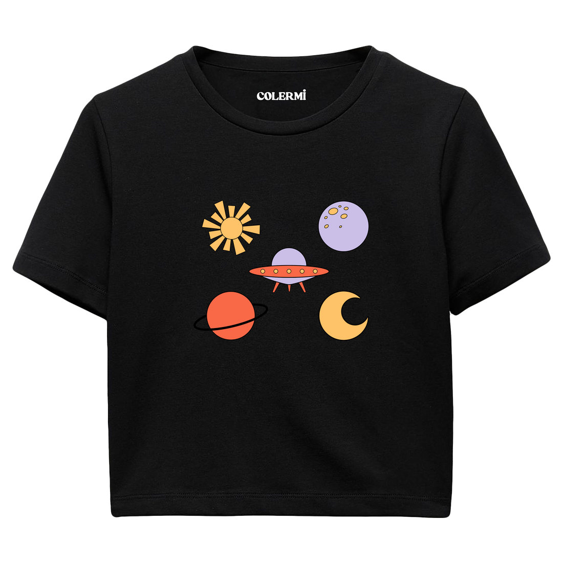 Uzay Temalı Renkli Grafik Baskılı Crop Tişört