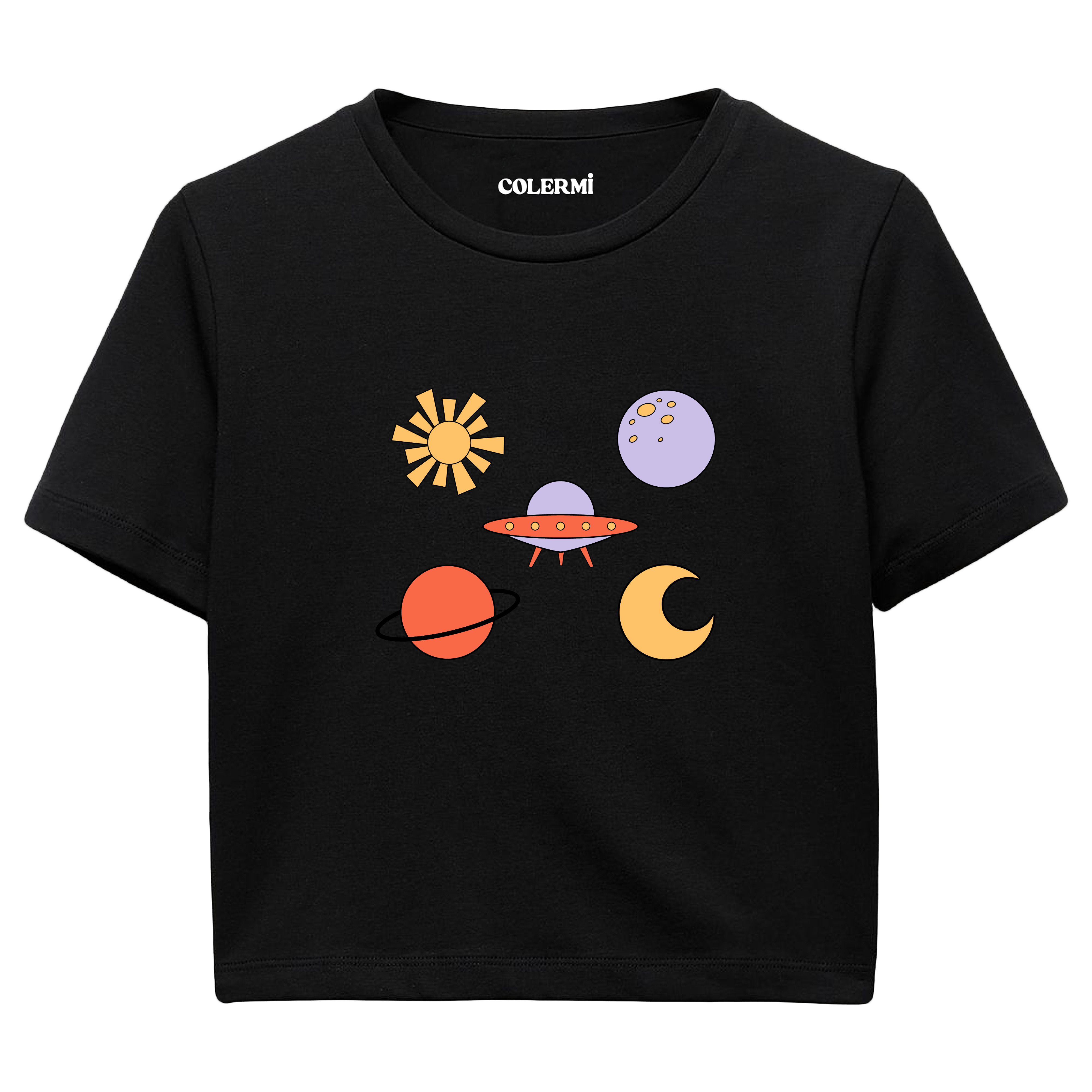 Uzay Temalı Renkli Grafik Baskılı Crop Tişört