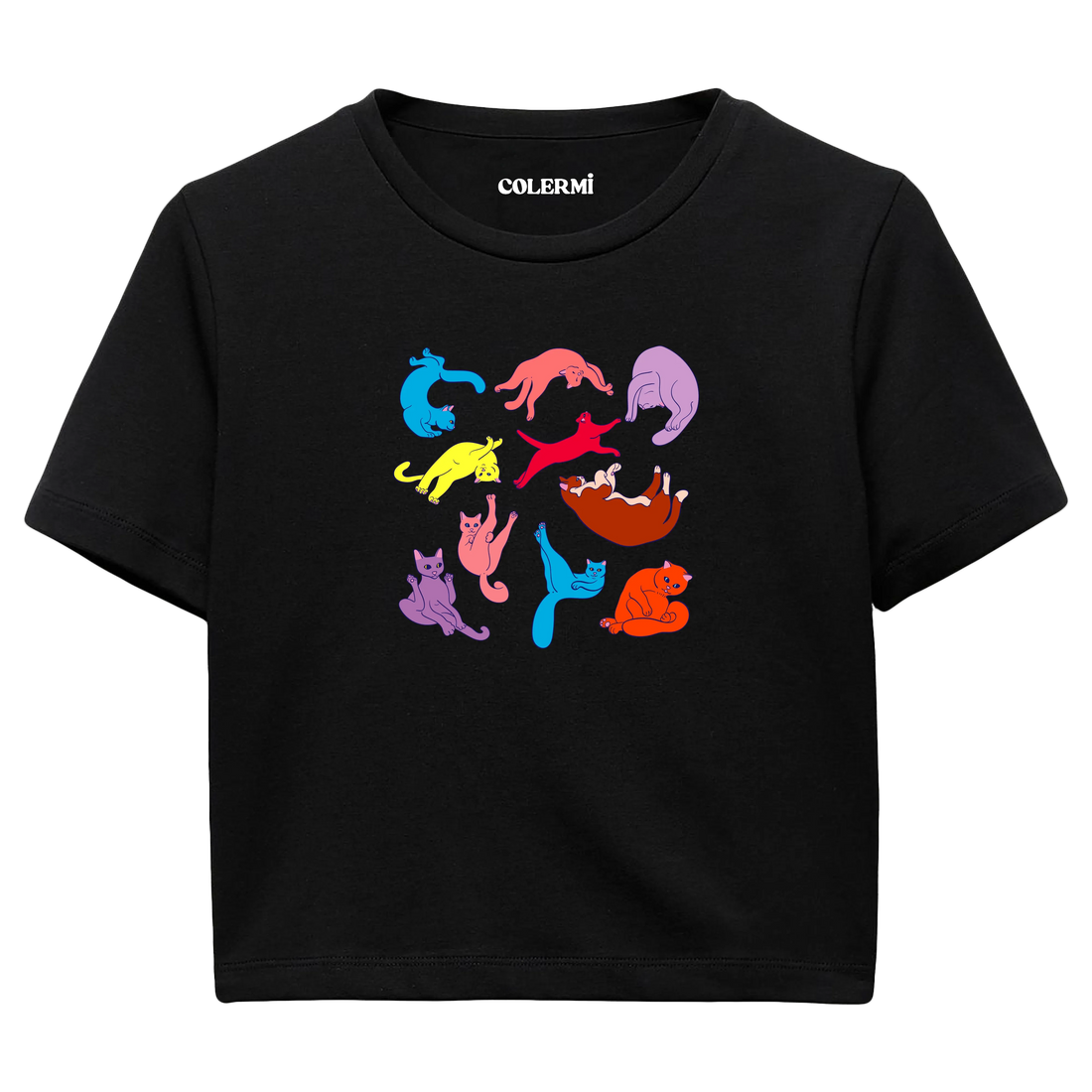 Yoga Crop T-Shirt - Renkli Kedilerin Yoga Pozları