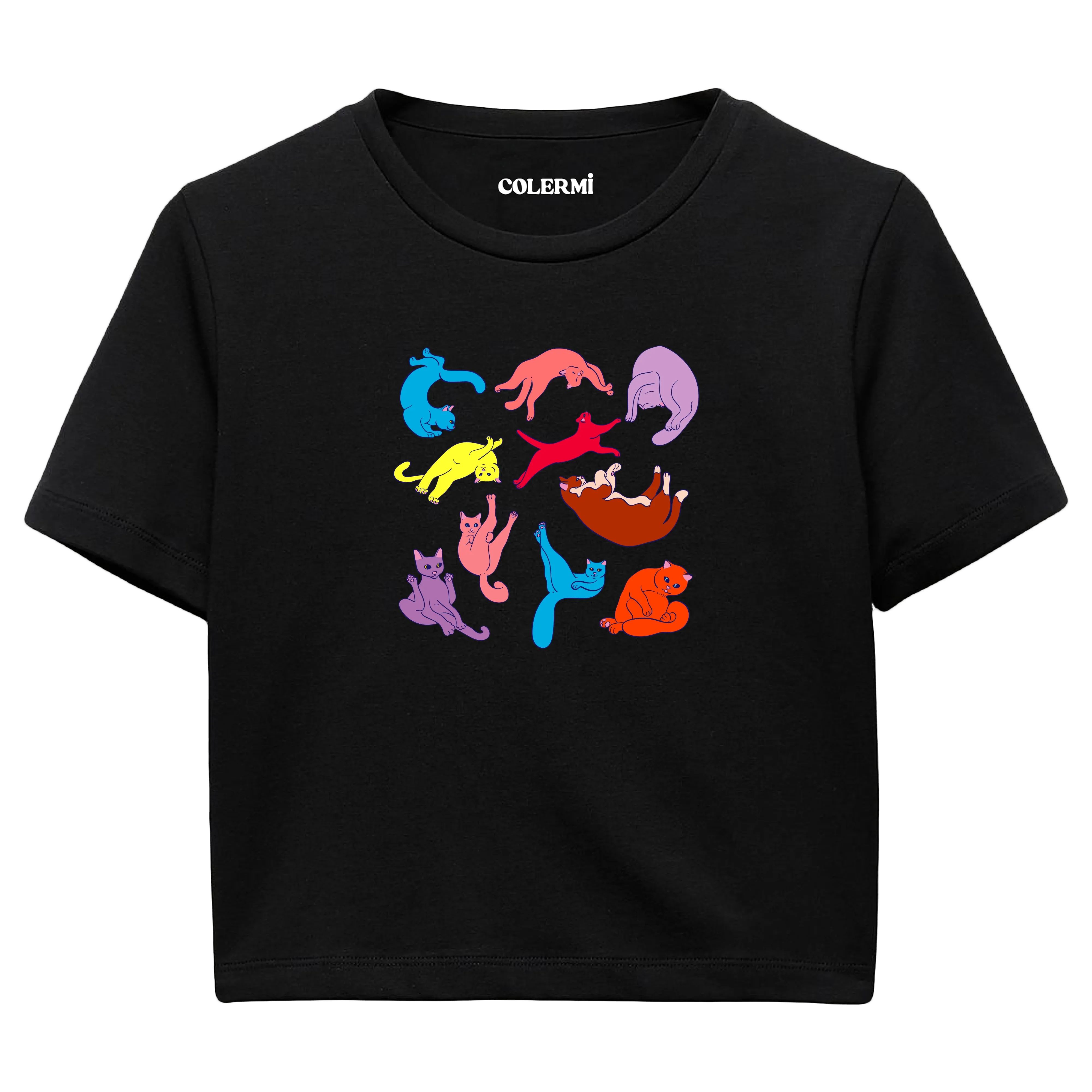 Yoga Crop T-Shirt - Renkli Kedilerin Yoga Pozları