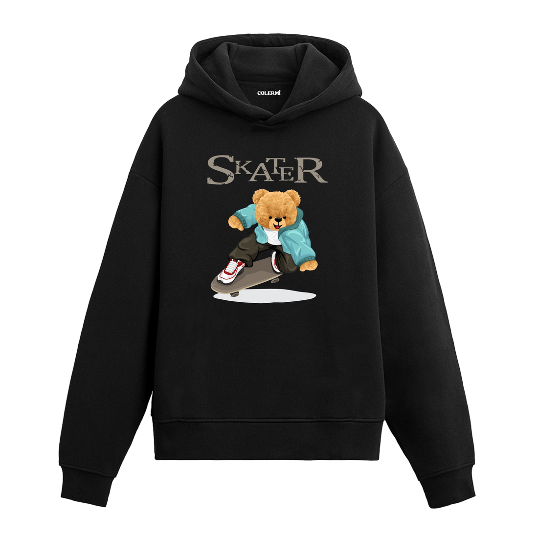 Kaykay üstünde kayan ayıcık figürlü hoodie tasarımı.