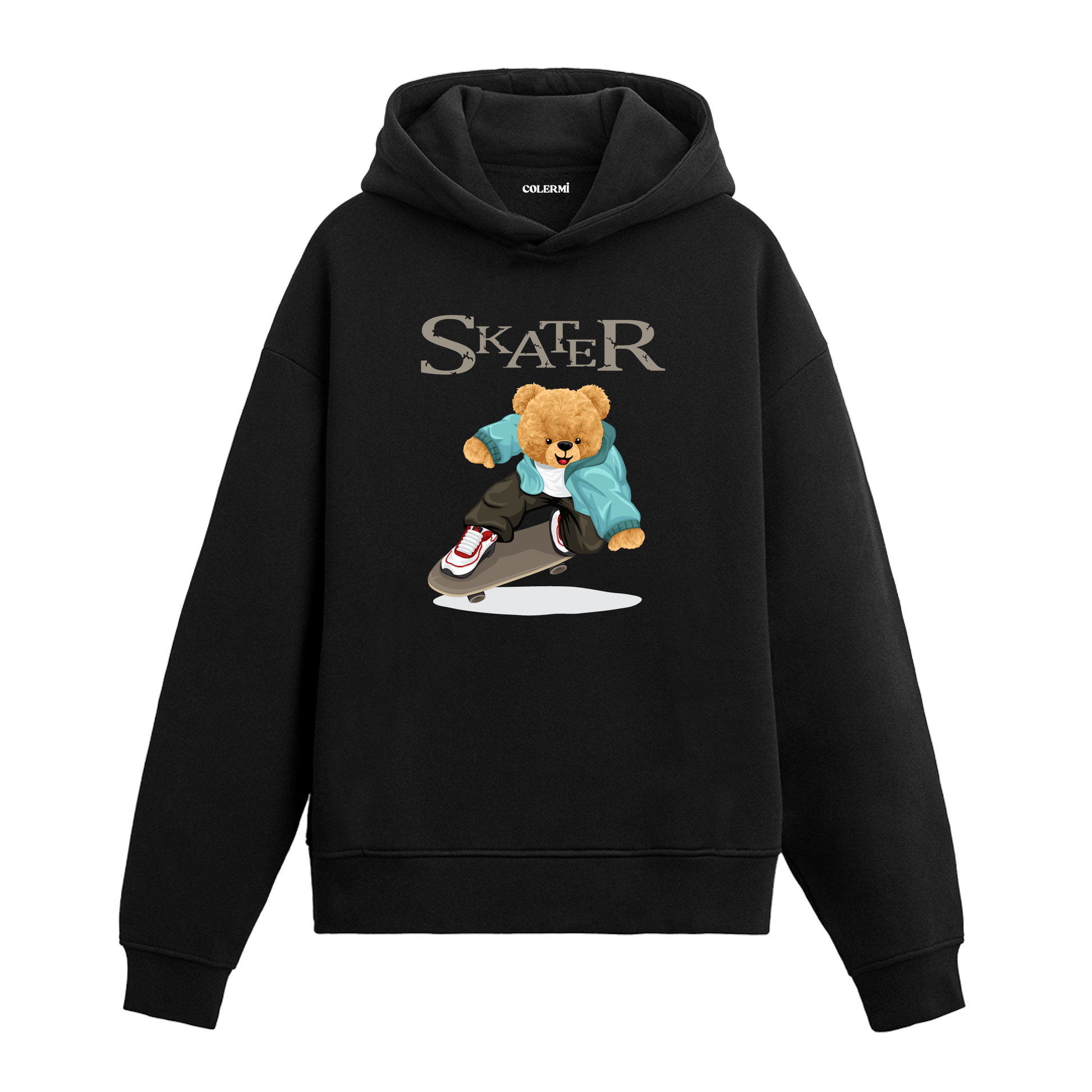 Kaykay üstünde kayan ayıcık figürlü hoodie tasarımı.