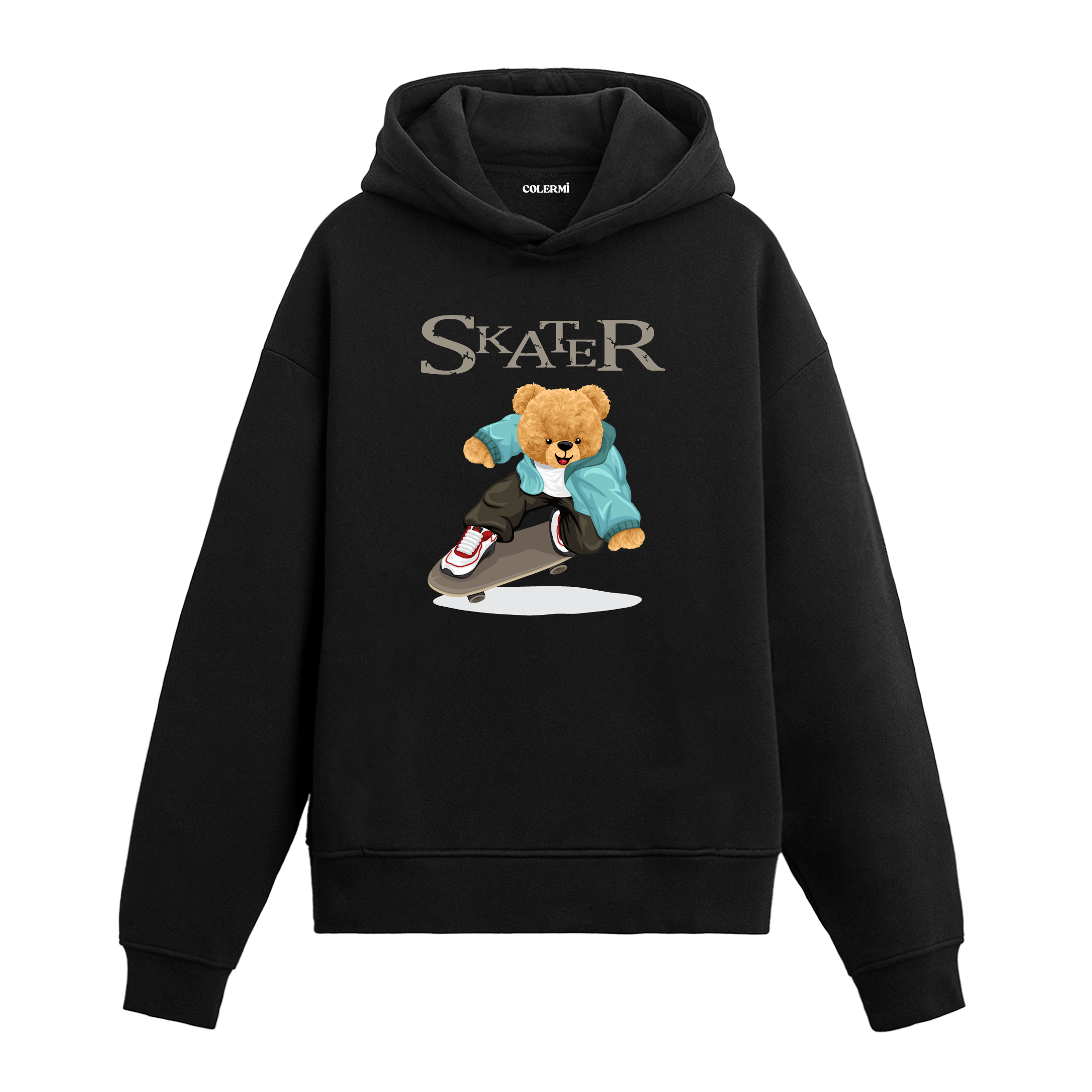 Kaykay üstünde kayan ayıcık figürlü hoodie tasarımı.