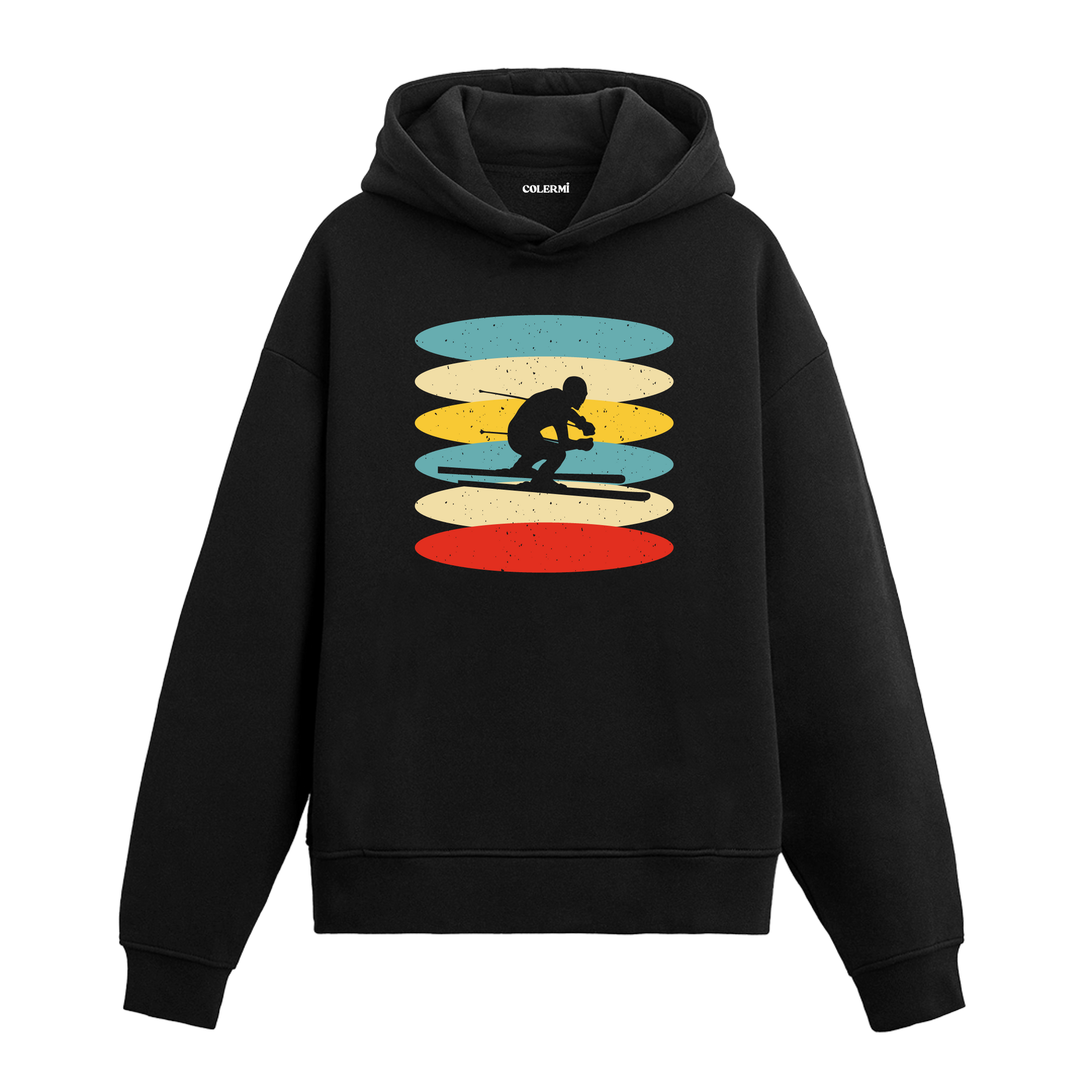 Kayak yapan figür baskılı siyah hoodie – retro renk geçişli kış temalı tasarım