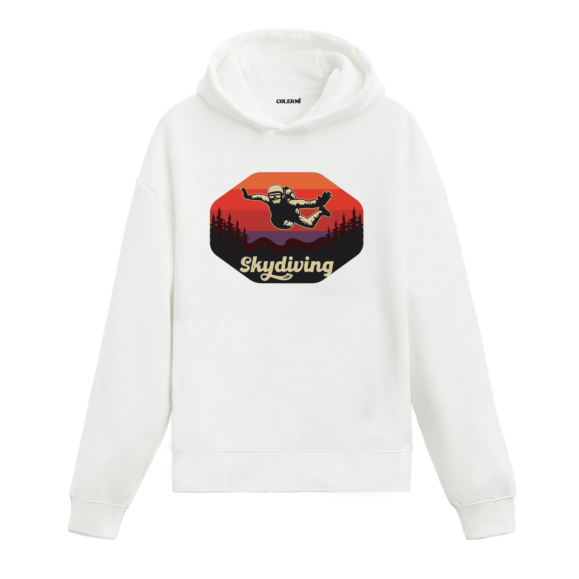 Beyaz skydiving baskılı hoodie, gün batımı fonlu paraşüt tasarım, %100 pamuk hoodie