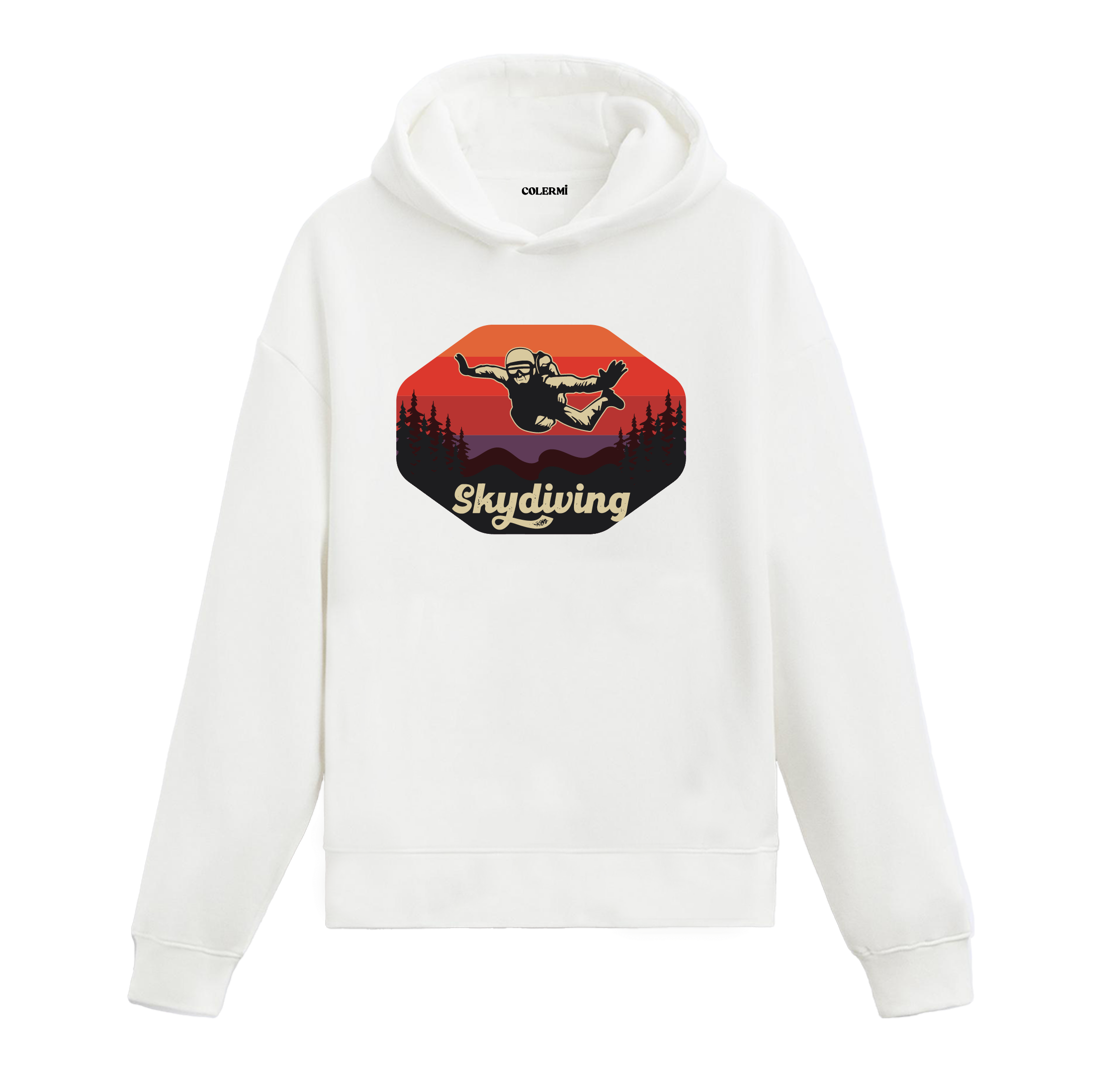 Beyaz skydiving baskılı hoodie, gün batımı fonlu paraşüt tasarım, %100 pamuk hoodie