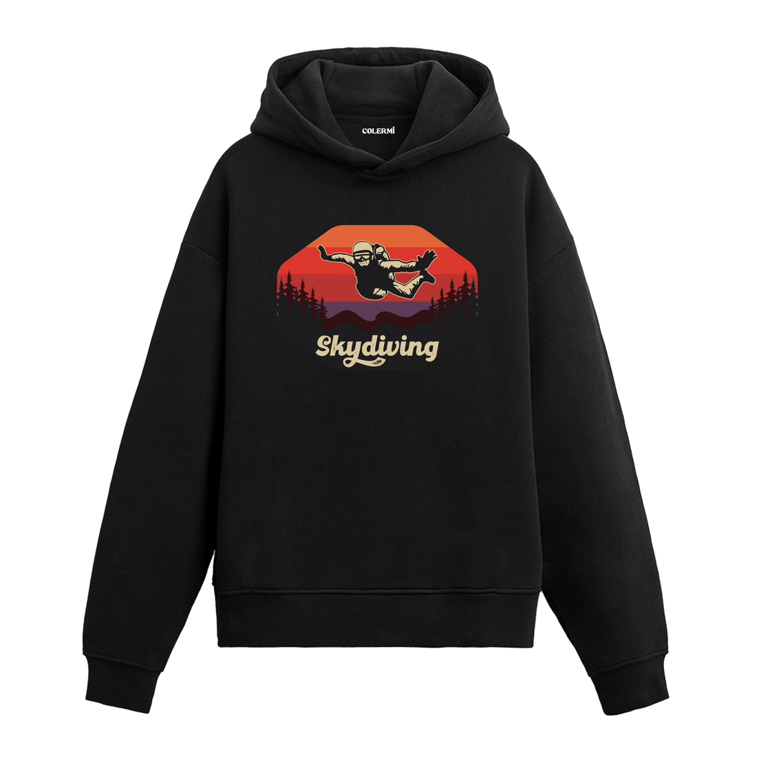 Siyah skydiving baskılı hoodie, gün batımı fonunda paraşüt tasarımı, pamuklu unisex hoodie