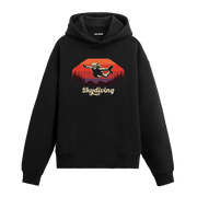 Siyah skydiving baskılı hoodie, gün batımı fonunda paraşüt tasarımı, pamuklu unisex hoodie