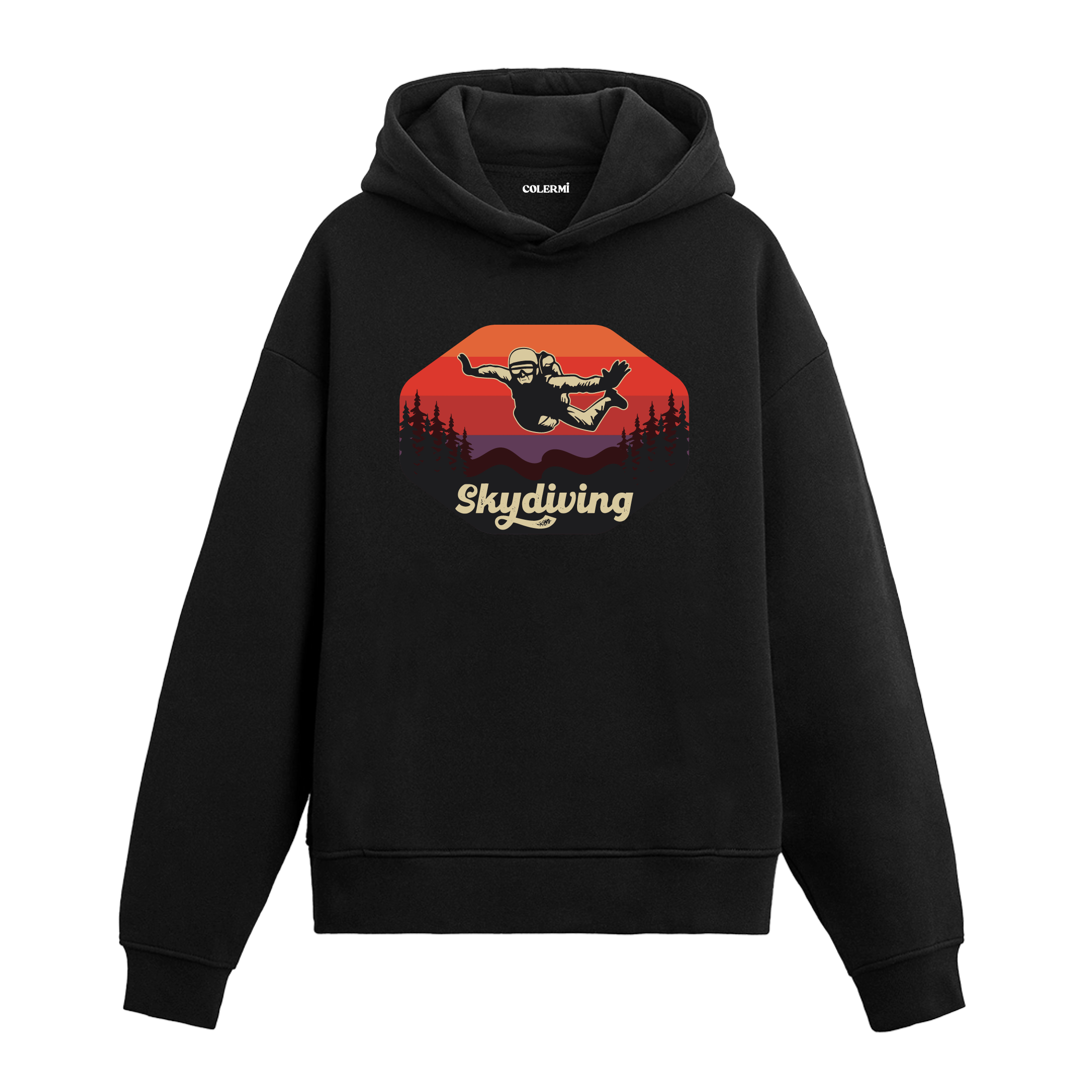 Siyah skydiving baskılı hoodie, gün batımı fonunda paraşüt tasarımı, pamuklu unisex hoodie