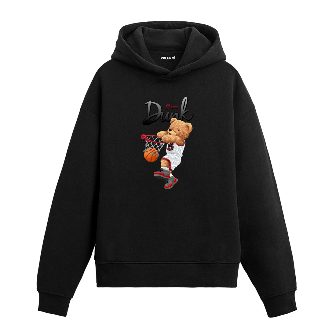 Basket potasına smaç basan sporcu ayıcık figürlü, basketbol temalı hoodie tasarımı.