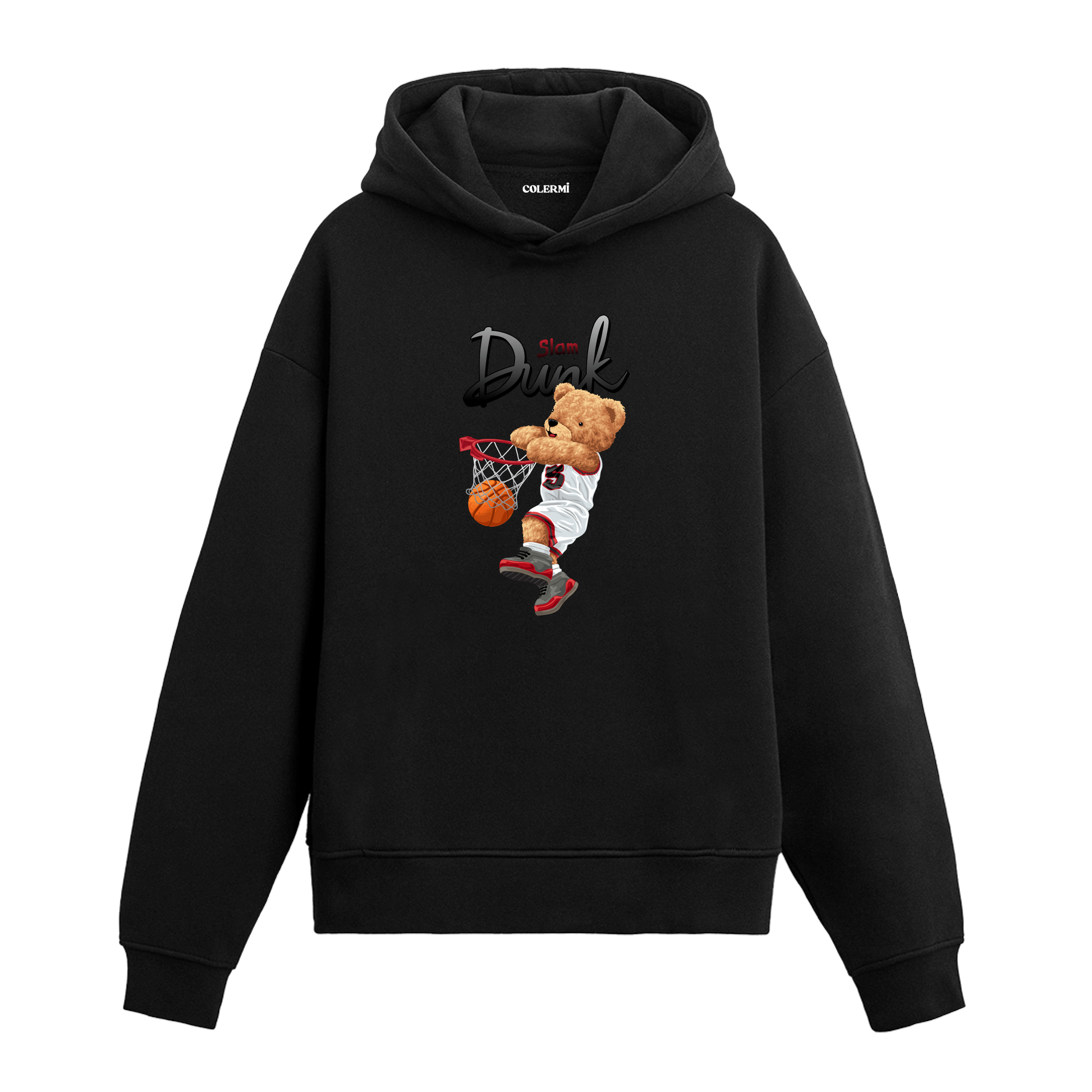 Basket potasına smaç basan sporcu ayıcık figürlü, basketbol temalı hoodie tasarımı.