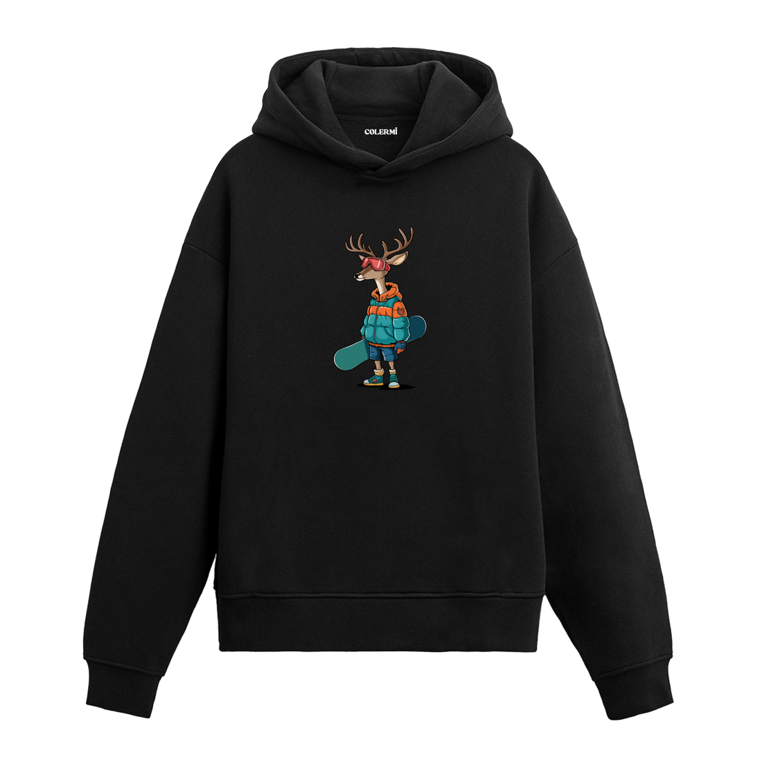 Snowboard tahtalı geyik baskılı hoodie – eğlenceli kış temalı tasarım