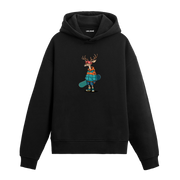 Snowboard tahtalı geyik baskılı hoodie – eğlenceli kış temalı tasarım