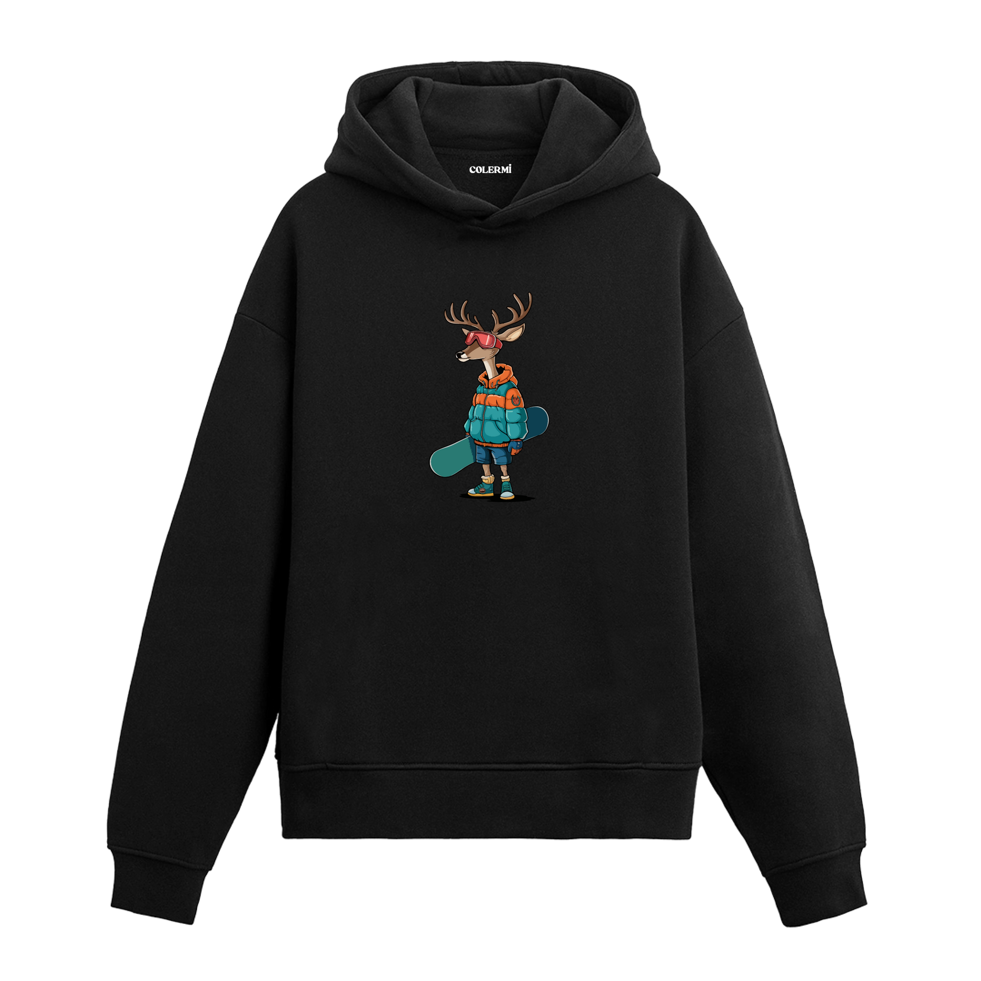 Snowboard tahtalı geyik baskılı hoodie – eğlenceli kış temalı tasarım