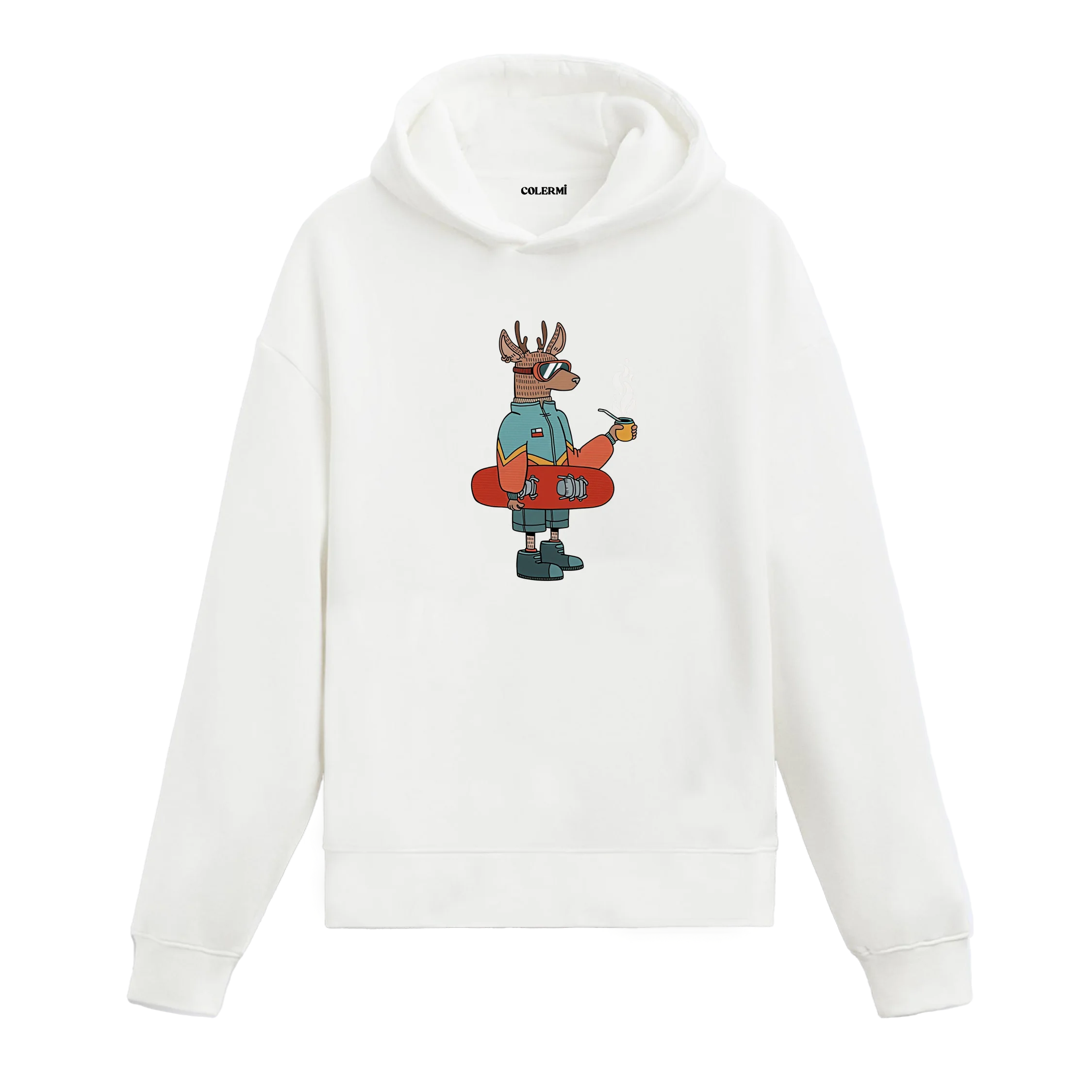 Kış Temalı Snowboardcu Geyik Tasarımlı Hoodie