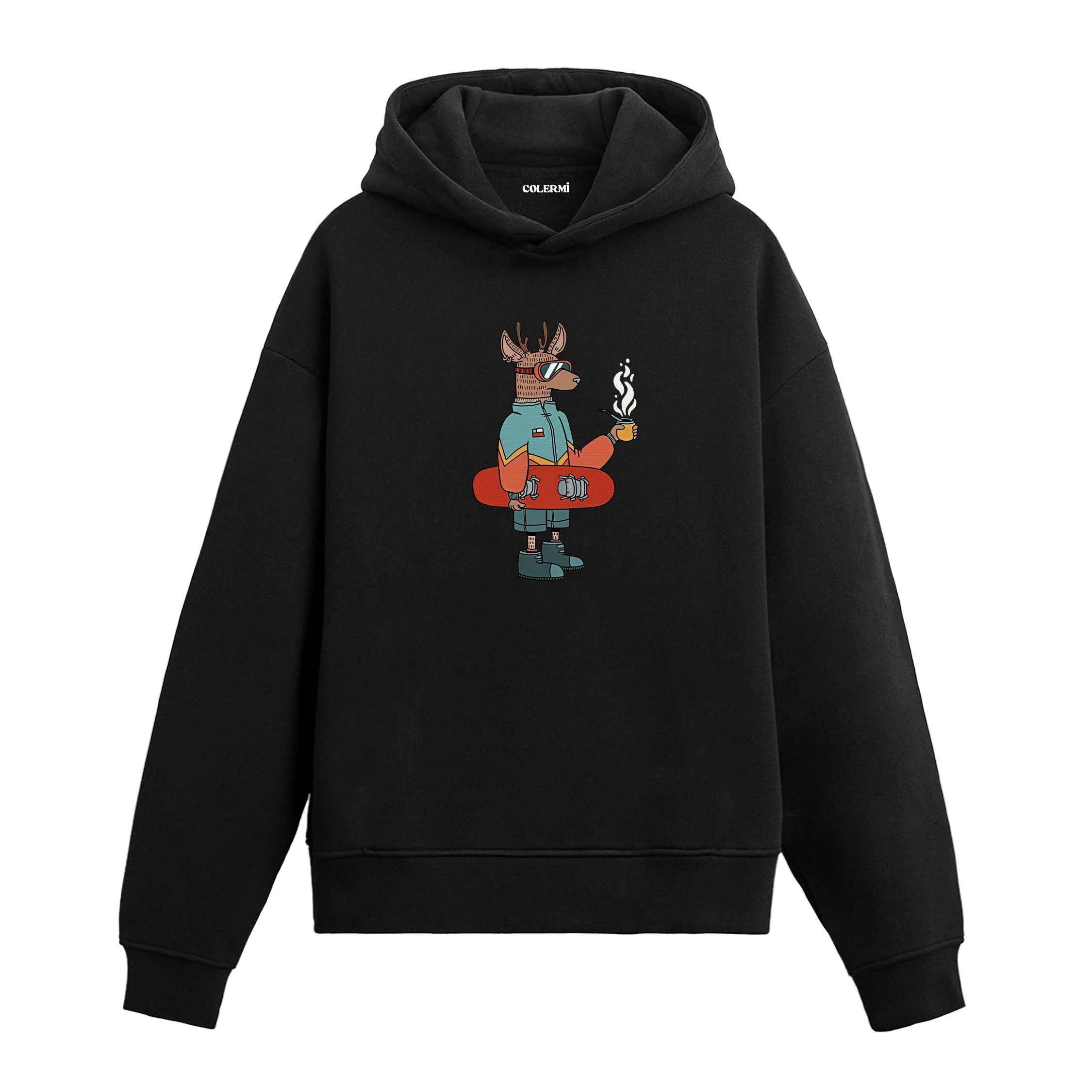 Kış Temalı Snowboardcu Geyik Tasarımlı Hoodie