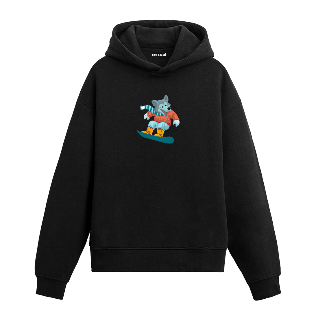 Snowboard yapan kurt baskılı hoodie – enerjik kış temalı tasarım