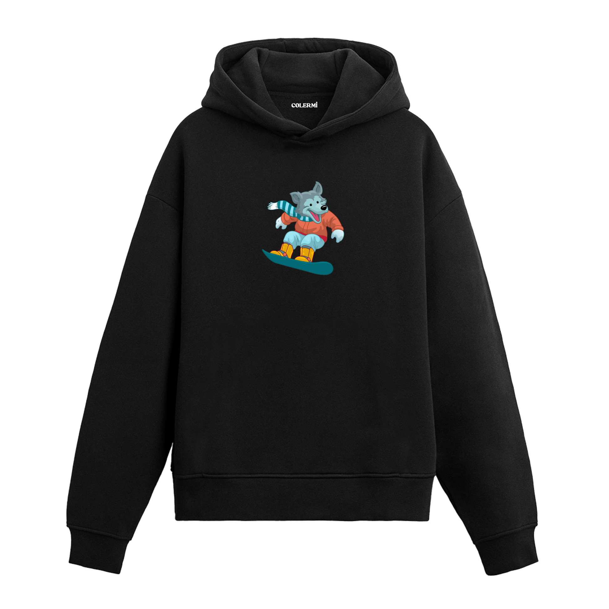 Snowboard yapan kurt baskılı hoodie – enerjik kış temalı tasarım